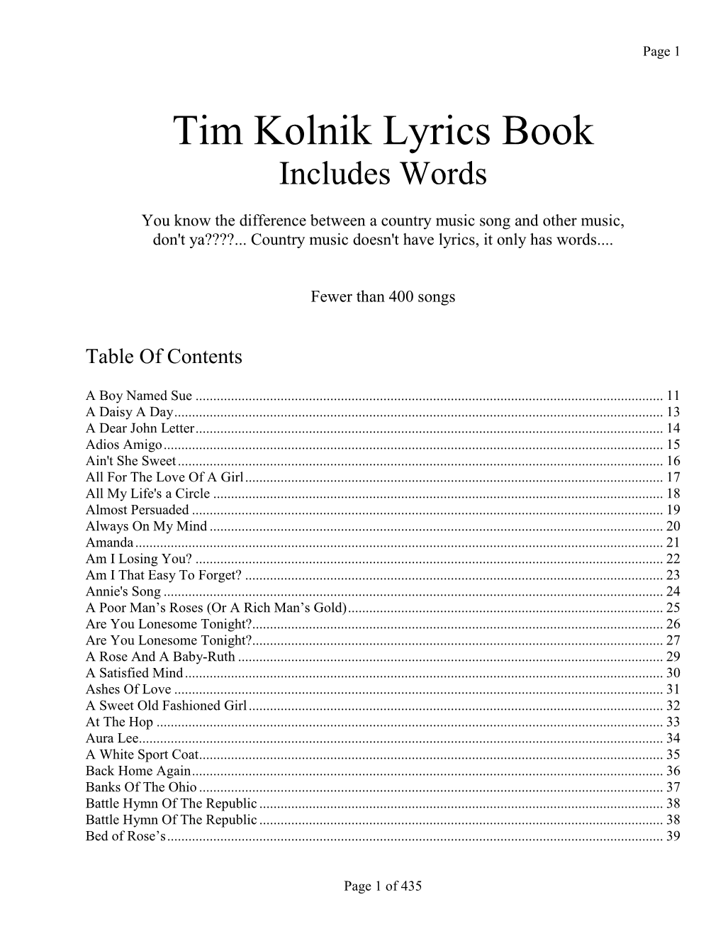 Tim Kolnik Lyrics Book Includes Words