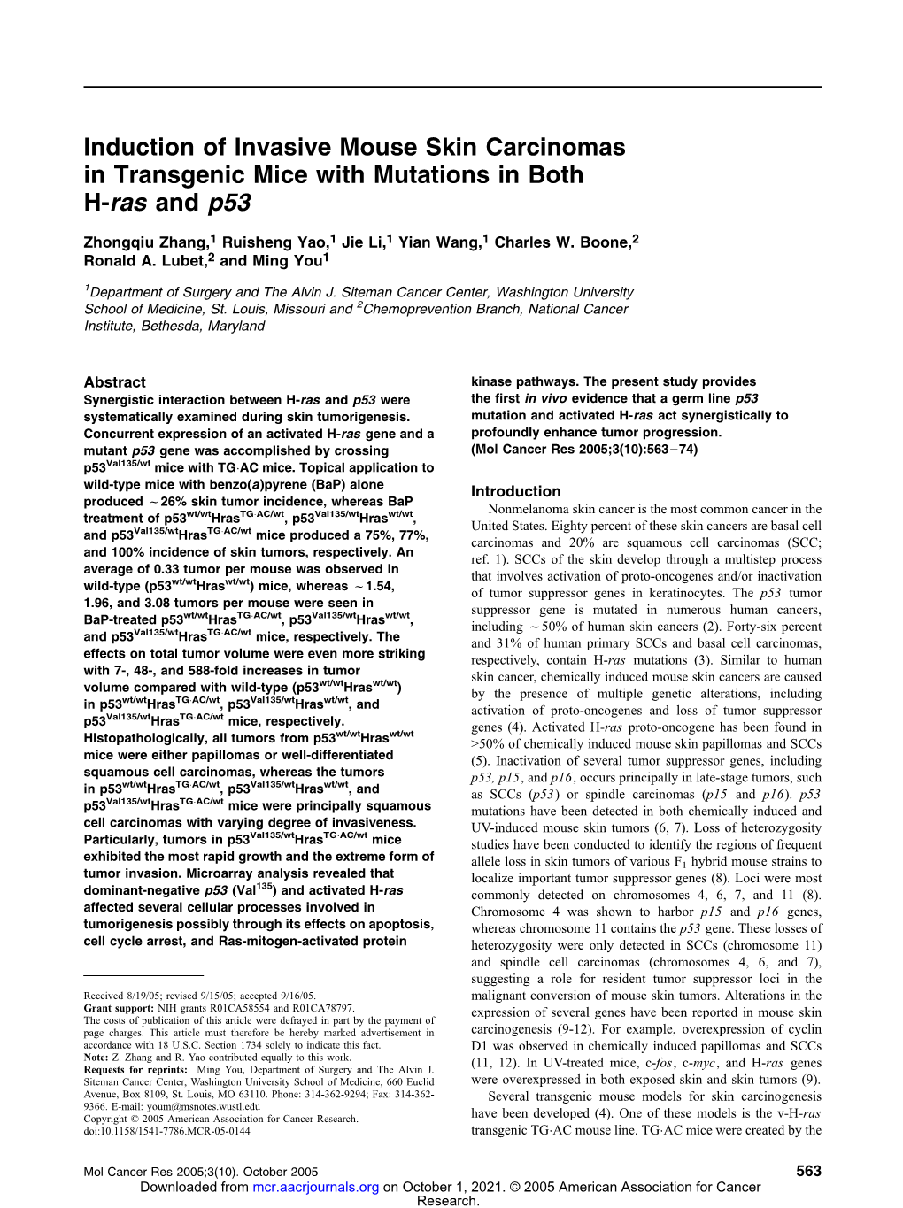 Induction of Invasive Mouse Skin Carcinomas in Transgenic Mice with Mutations in Both H-Ras and P53