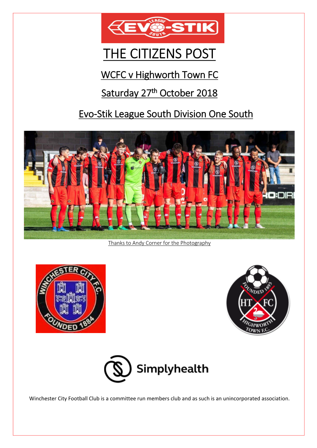 THE CITIZENS POST WCFC V Highworth Town FC Saturday 27Th October 2018 Evo-Stik League South Division One South