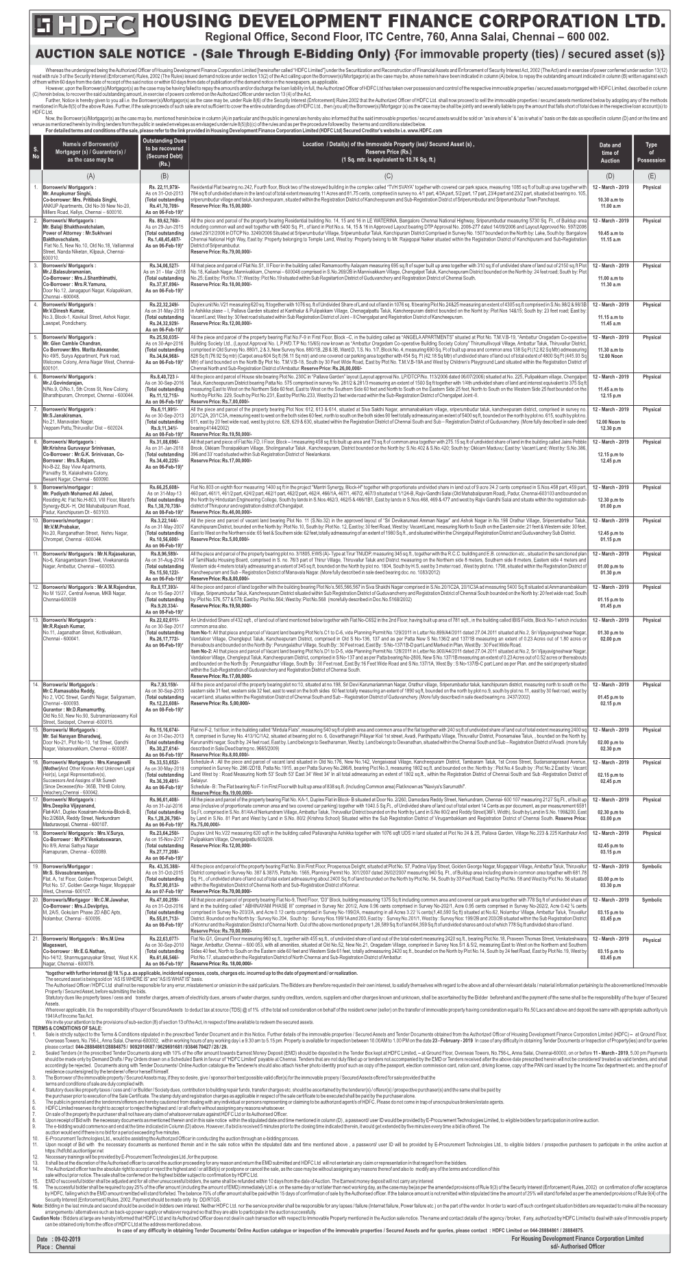 HOUSING DEVELOPMENT FINANCE CORPORATION LTD. Regional Office, Second Floor, ITC Centre, 760, Anna Salai, Chennai – 600 002