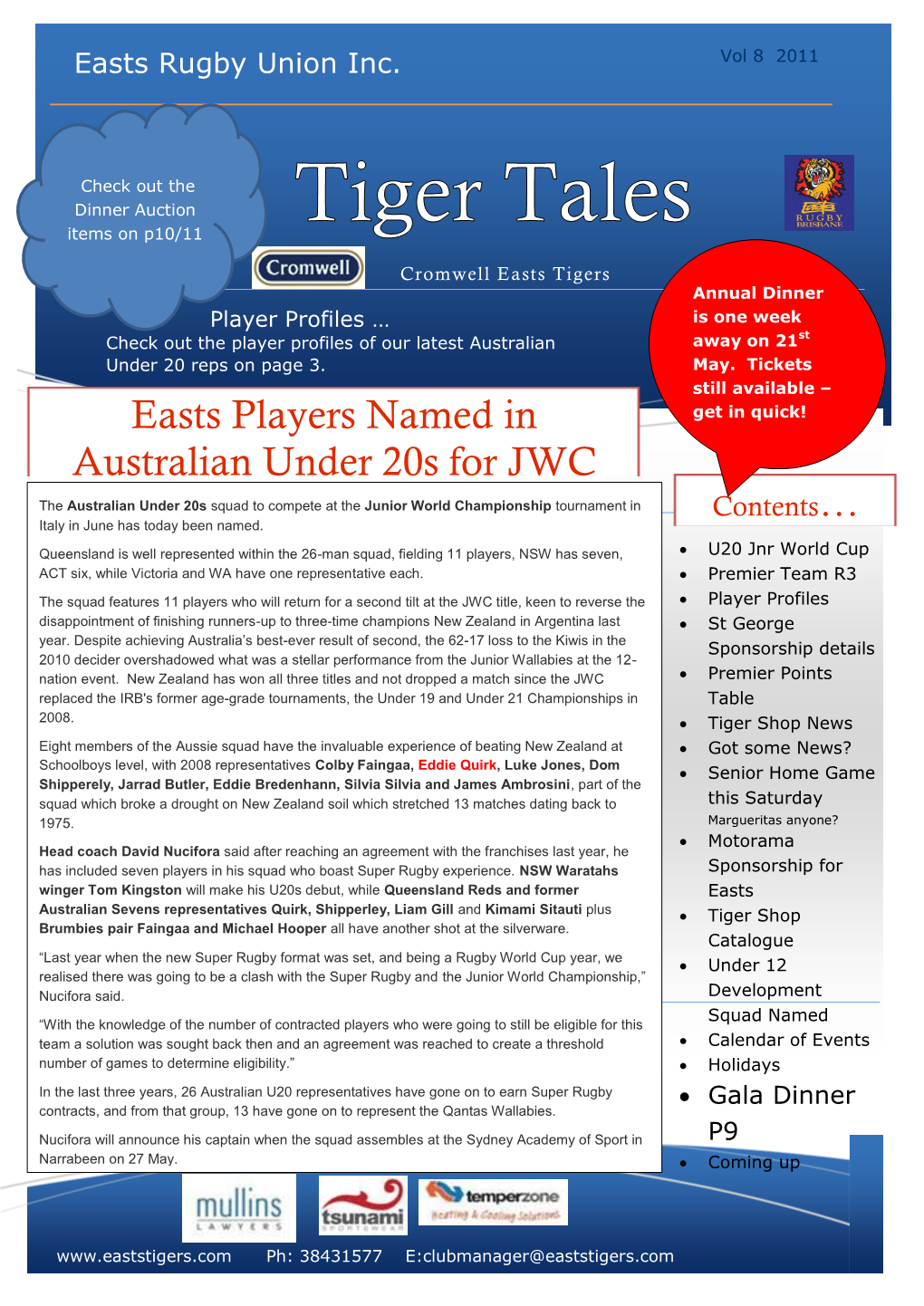 Easts Players Named in Australian Under 20S For