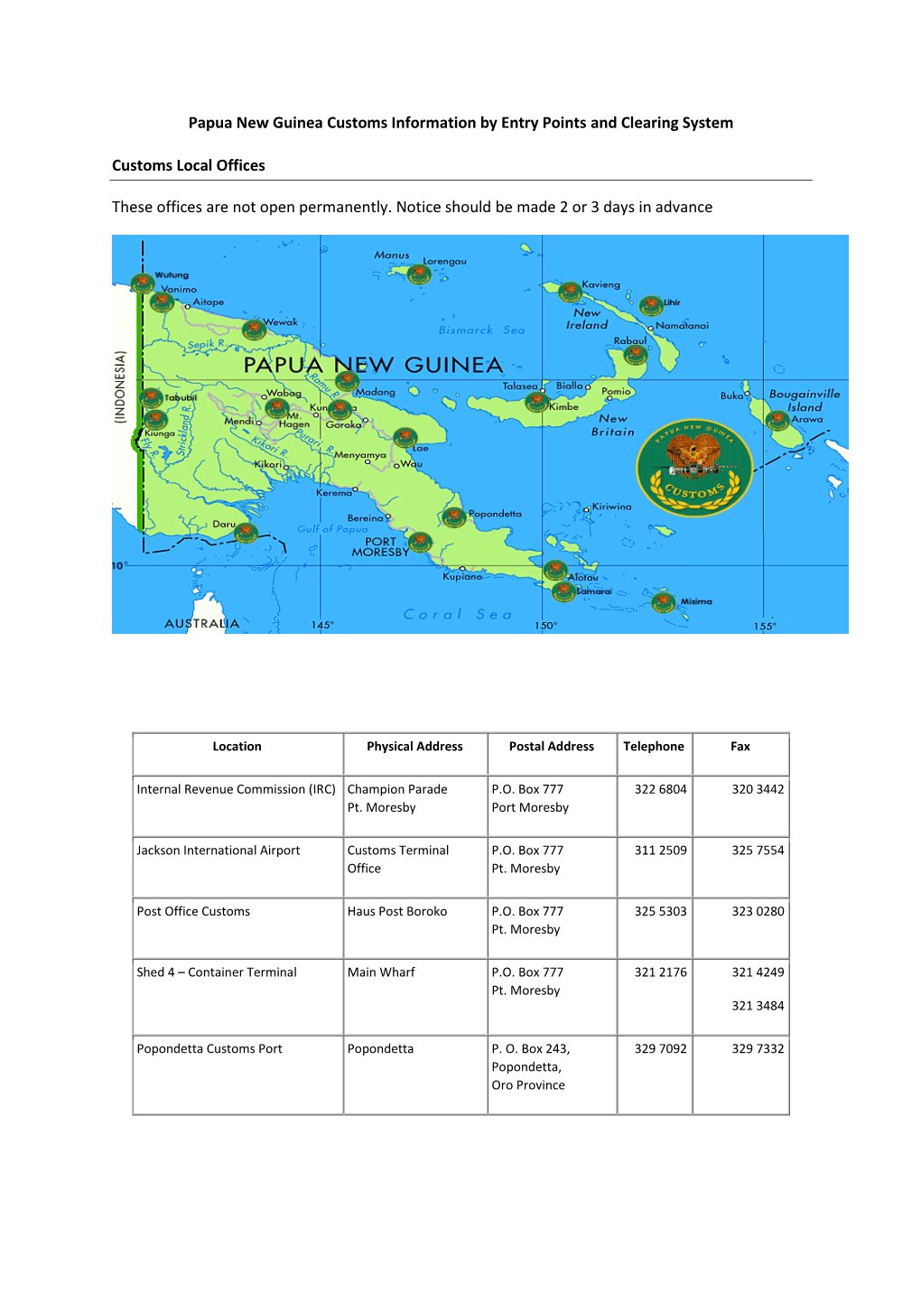 Papua New Guinea Customs Information by Entry Points and Clearing System