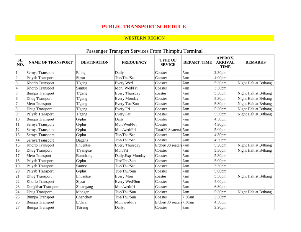 Passenger Transport Services from Thimphu Terminal APPROX