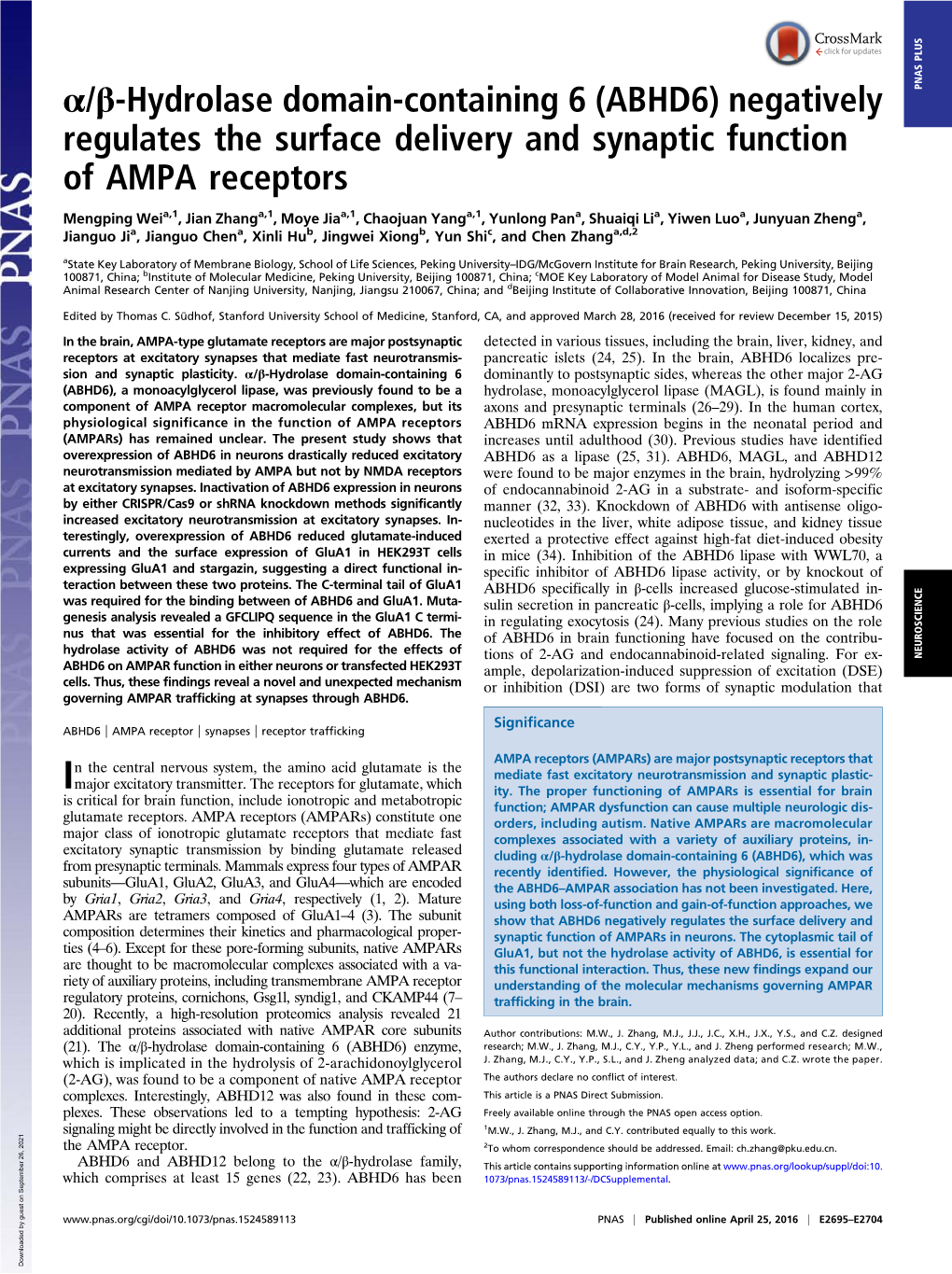 Α/Β-Hydrolase Domain-Containing 6 (ABHD6) Negatively PNAS PLUS Regulates the Surface Delivery and Synaptic Function of AMPA Receptors