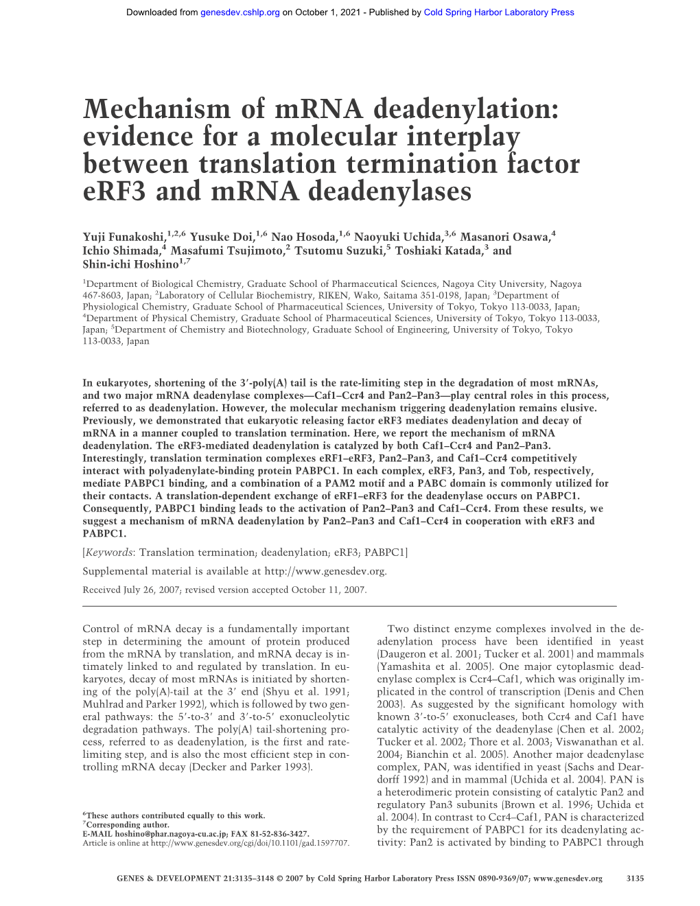 Mechanism of Mrna Deadenylation: Evidence for a Molecular Interplay Between Translation Termination Factor Erf3 and Mrna Deadenylases