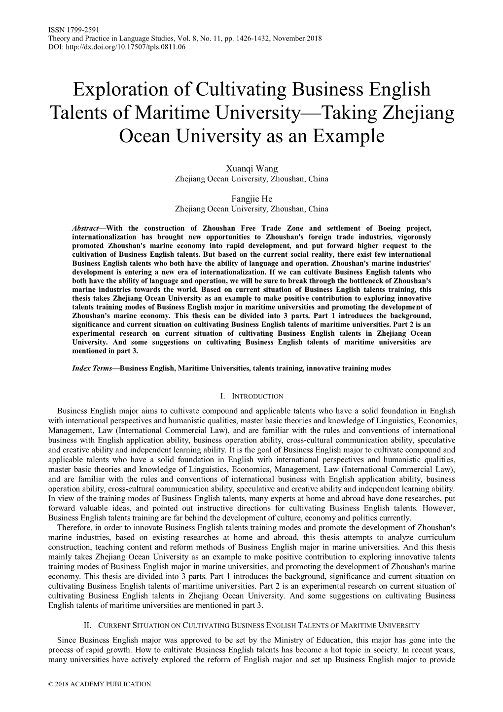 Exploration of Cultivating Business English Talents of Maritime University—Taking Zhejiang Ocean University As an Example