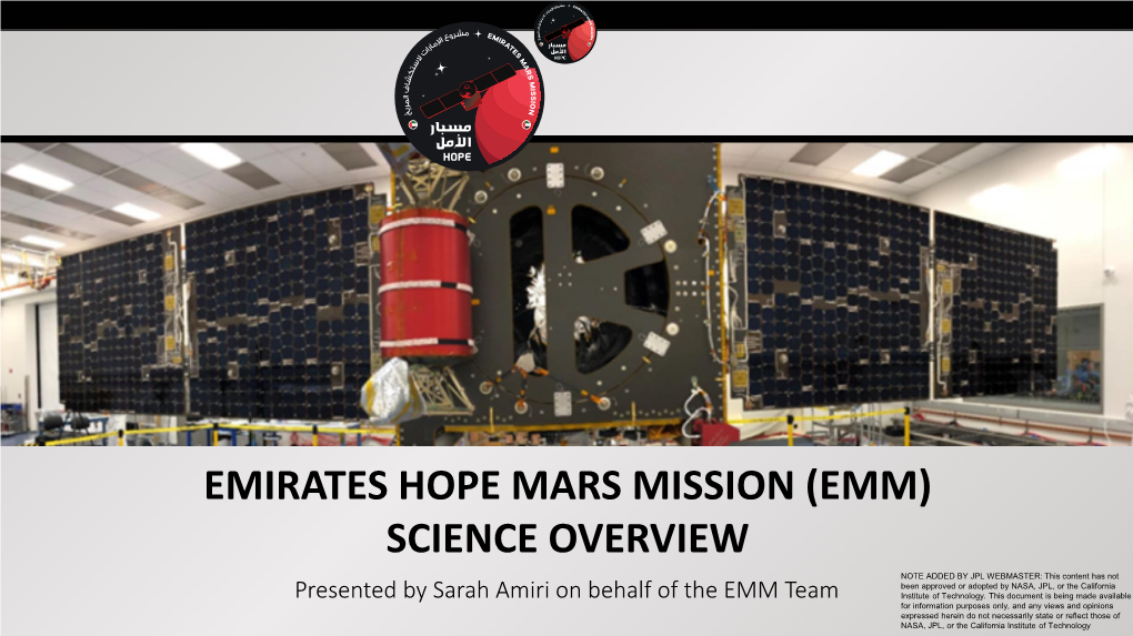 Emirates Hope Mars Mission (Emm) Science Overview