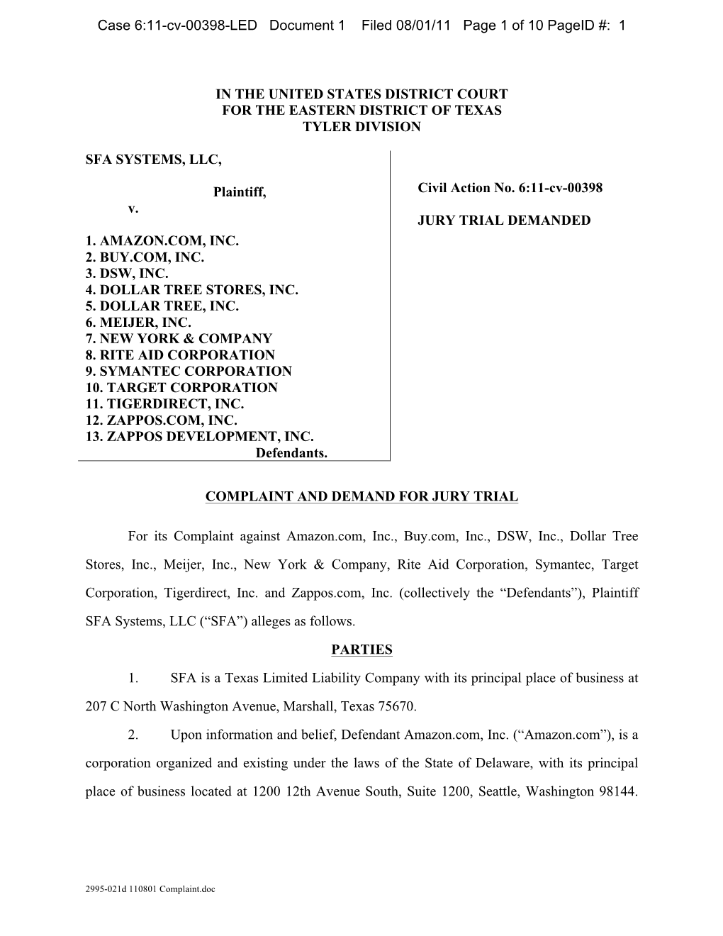 Case 6:11-Cv-00398-LED Document 1 Filed 08/01/11 Page 1 of 10 Pageid #: 1