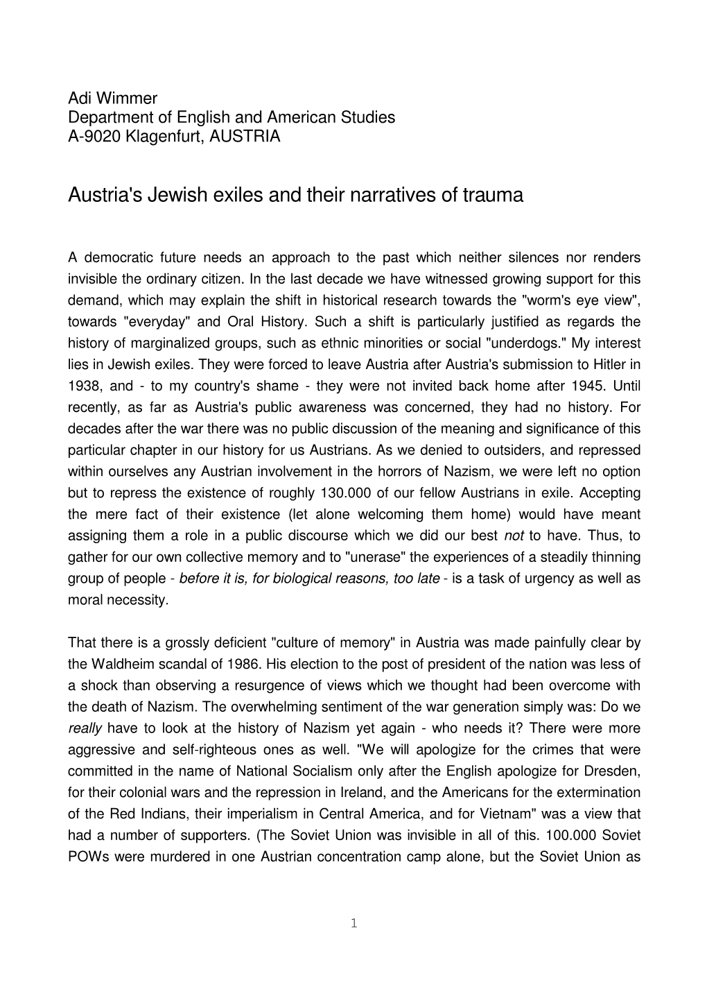 Austria's Jewish Exiles and Their Narratives of Trauma