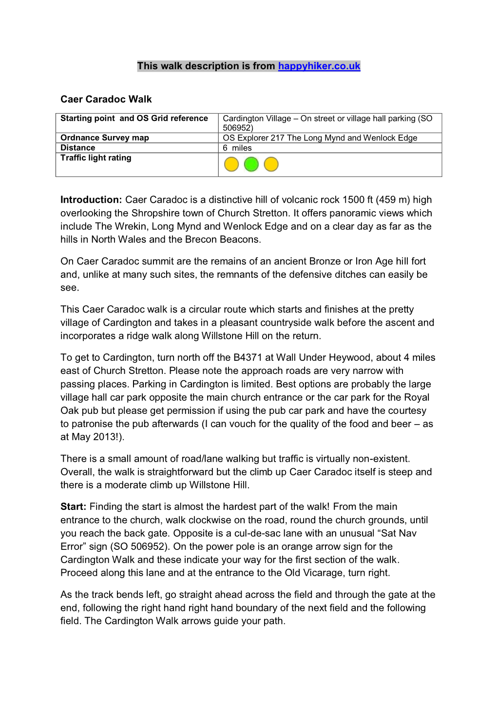 This Walk Description Is from Happyhiker.Co.Uk Caer Caradoc Walk Introduction: Caer Caradoc Is a Distinctive Hill of Volcanic Ro