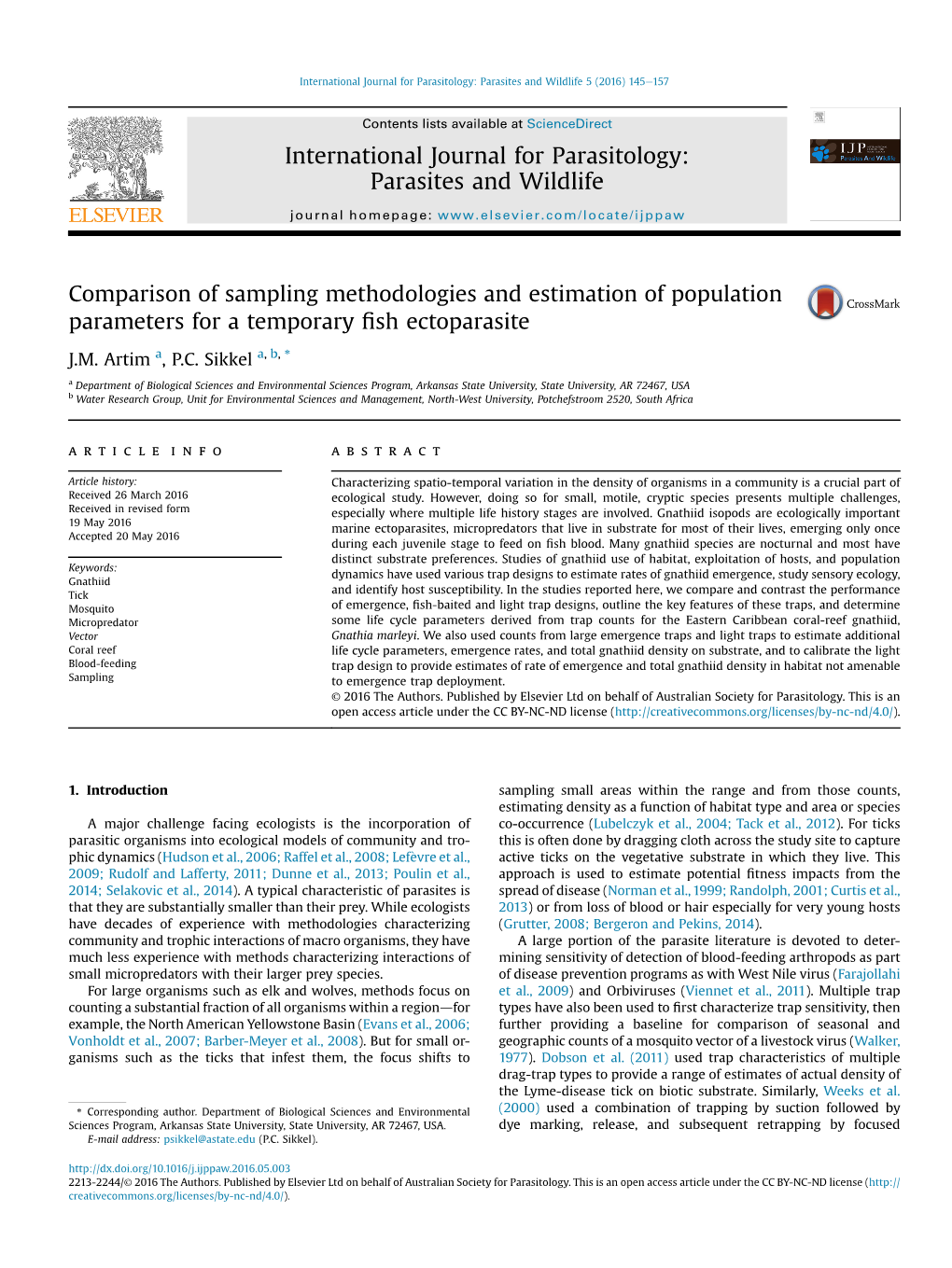 Comparison of Sampling Methodologies and Estimation of Population Parameters for a Temporary ﬁsh Ectoparasite