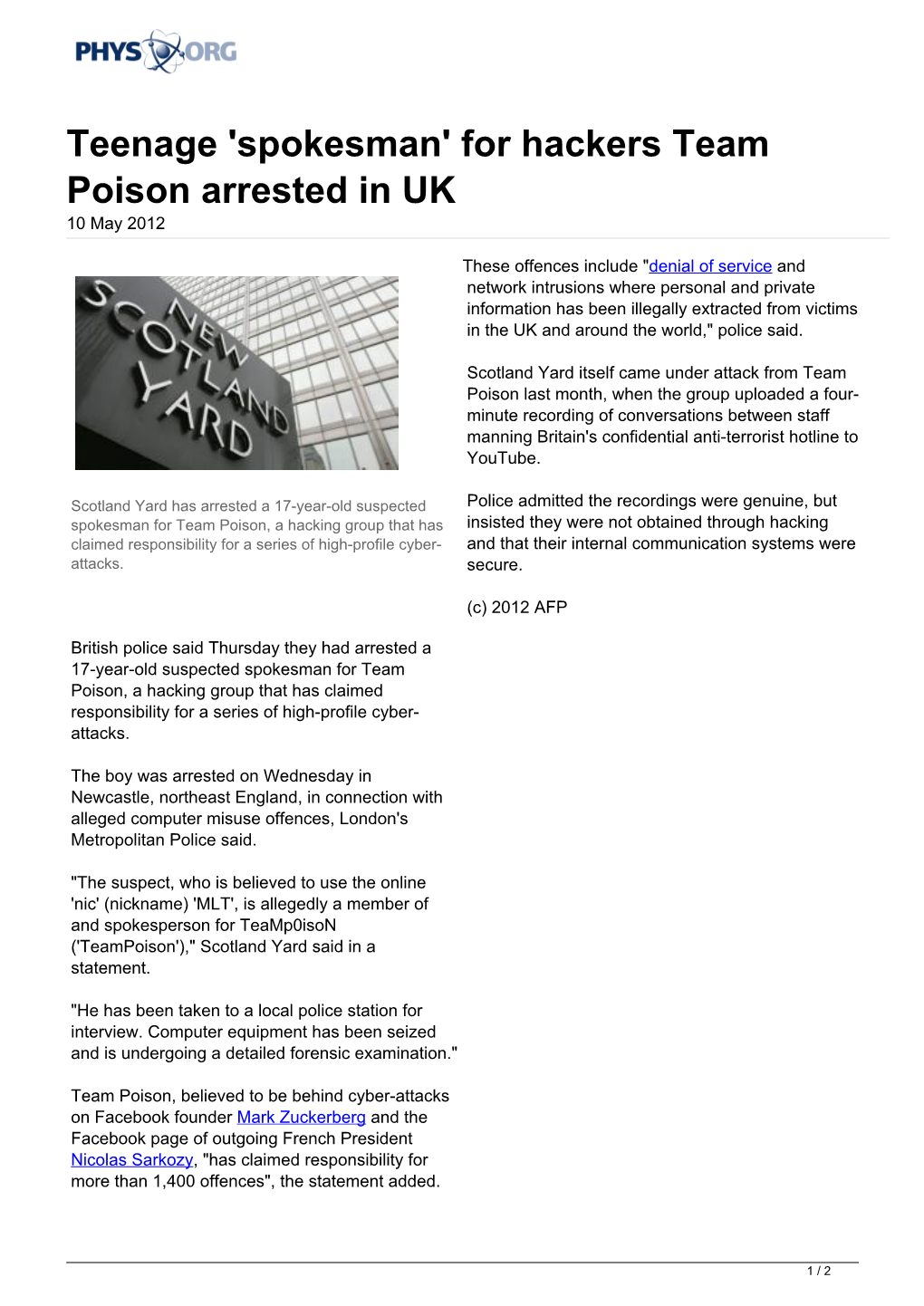 Teenage 'Spokesman' for Hackers Team Poison Arrested in UK 10 May 2012