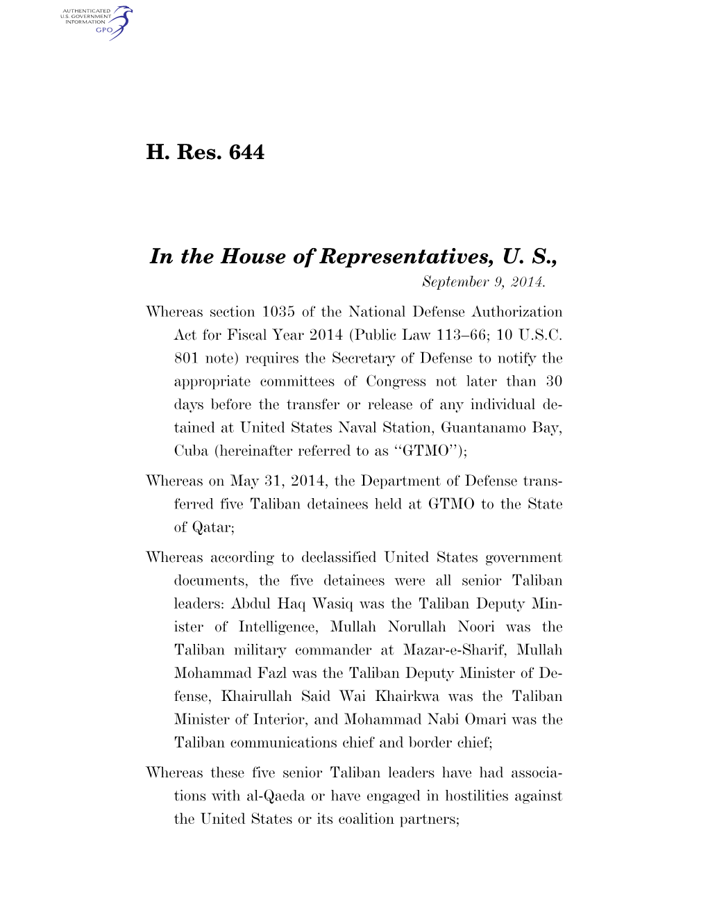 H. Res. 644 in the House of Representatives, U