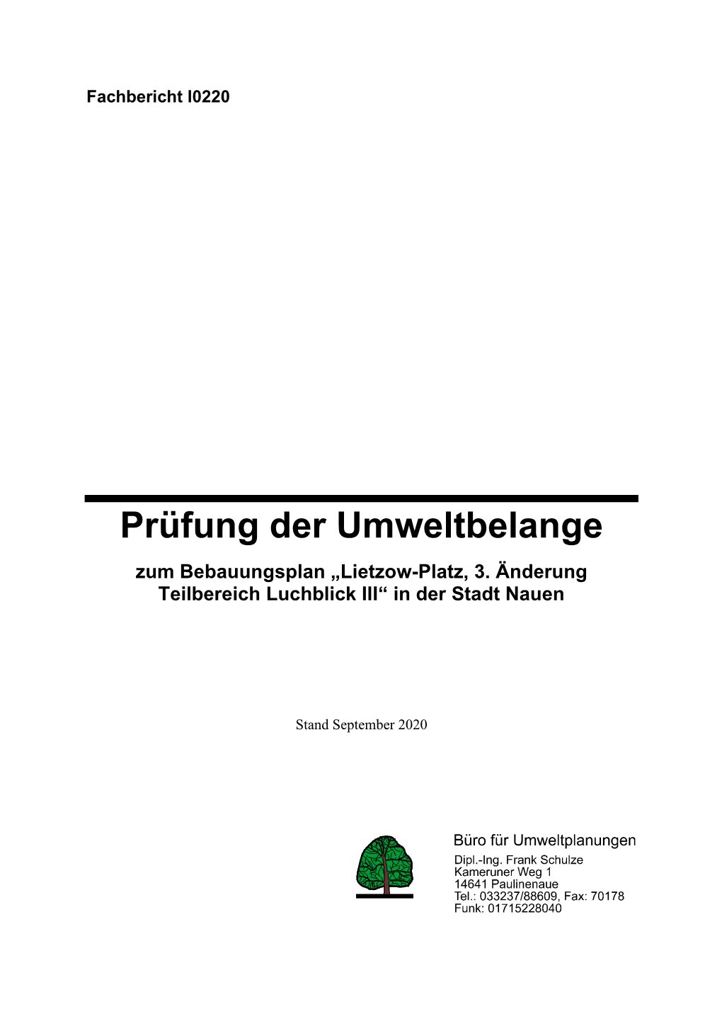 Prüfung Der Umweltbelange Zum Bebauungsplan „Lietzow-Platz, 3