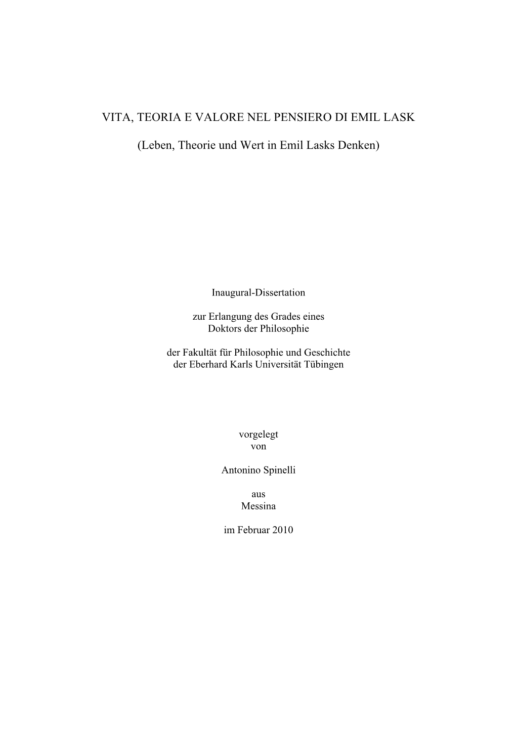 VITA, TEORIA E VALORE NEL PENSIERO DI EMIL LASK (Leben