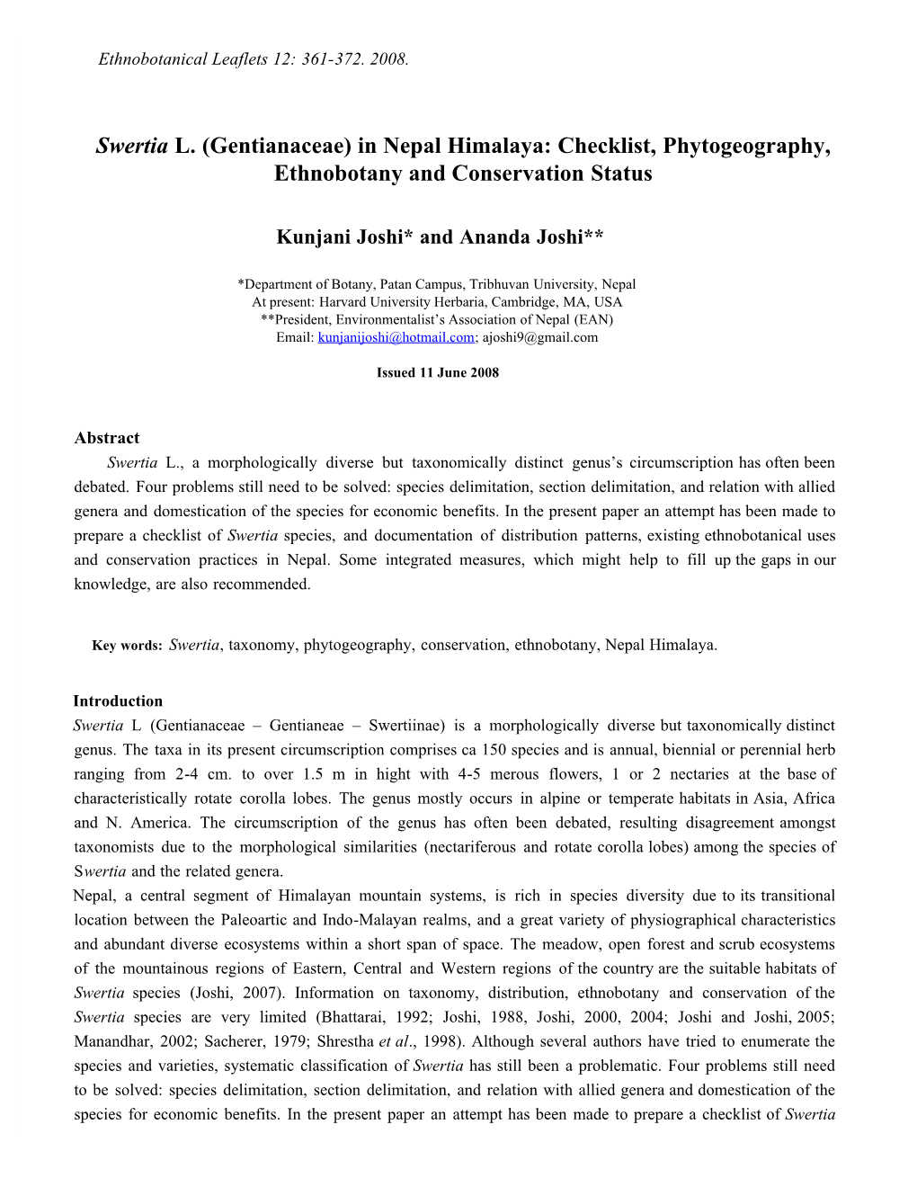 Swertia L. (Gentianaceae) in Nepal Himalaya: Checklist, Phytogeography, Ethnobotany and Conservation Status