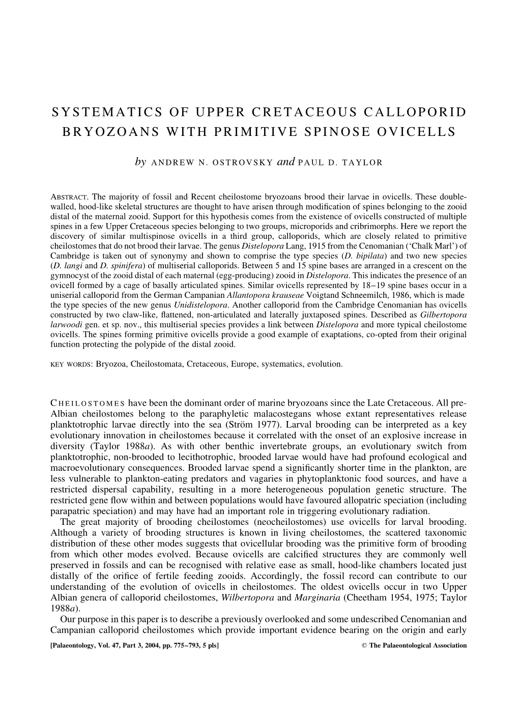 Systematics of Upper Cretaceous Calloporid Bryozoans with Primitive Spinose Ovicells
