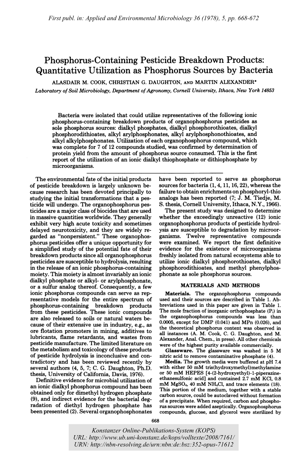 Phosphorus-Containing Pesticide Breakdown Products: Quantitative Utilization As Phosphorus Sources by Bacteria ALASDAIR M