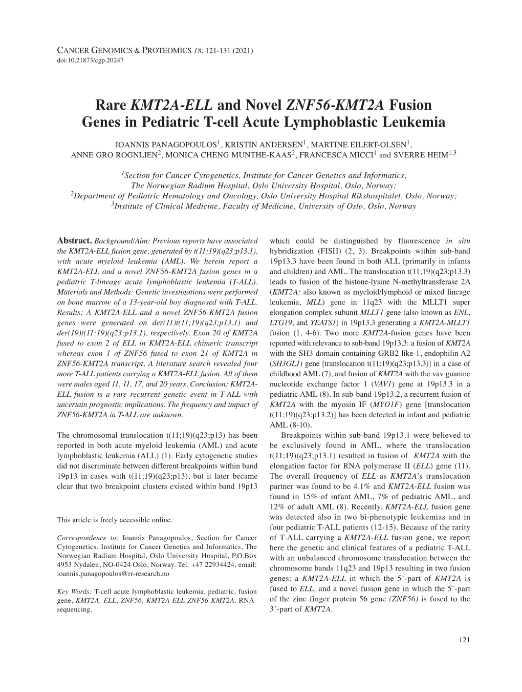 Rare KMT2A-ELL and Novel ZNF56-KMT2A Fusion Genes In