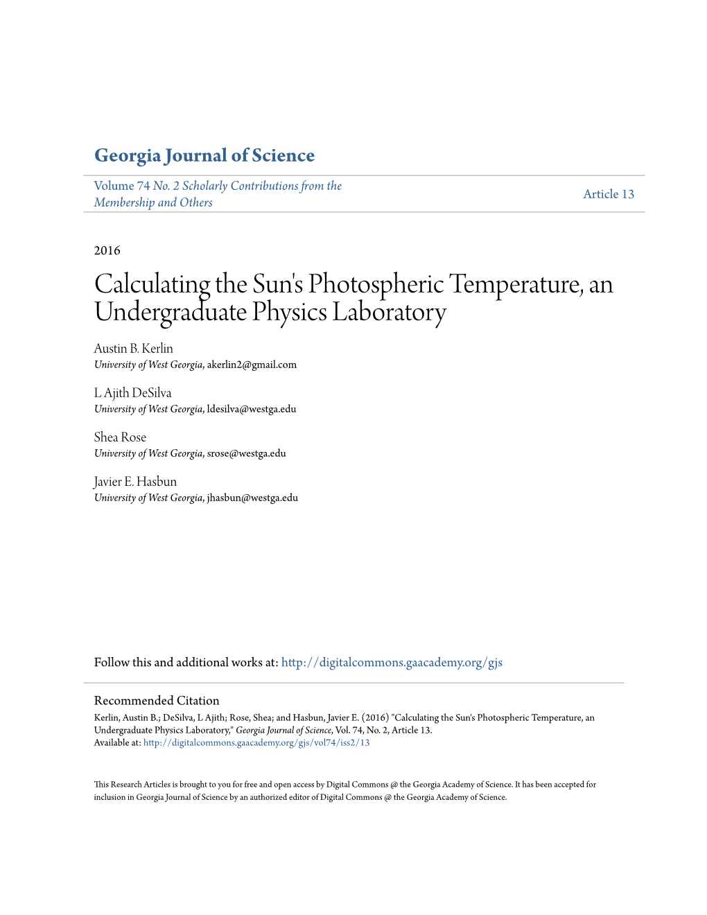 Calculating the Sun's Photospheric Temperature, an Undergraduate Physics Laboratory Austin B