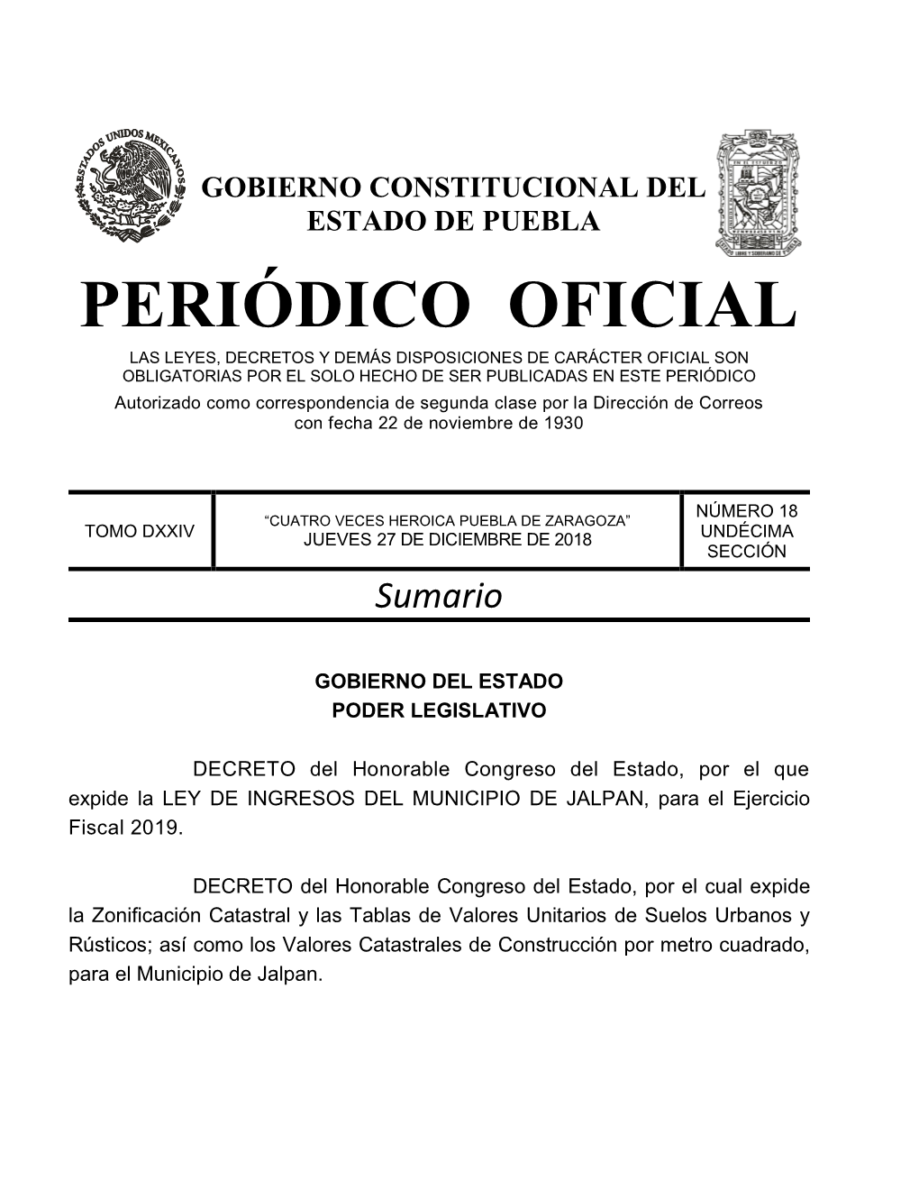 LEY DE INGRESOS DEL MUNICIPIO DE JALPAN, Para El Ejercicio Fiscal 2019