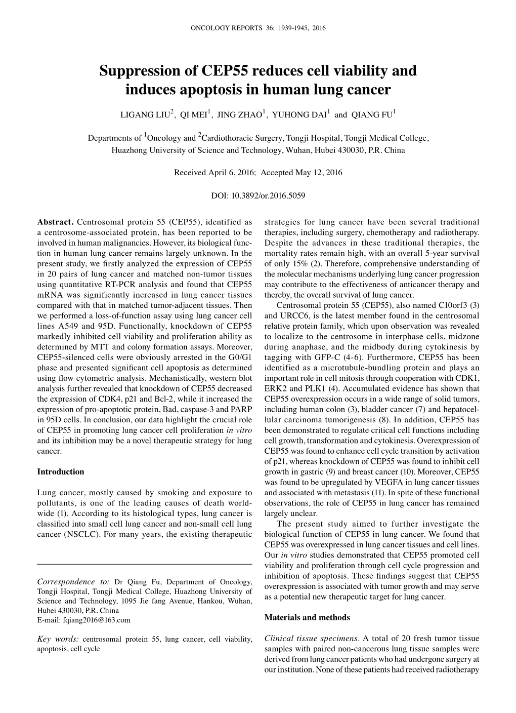 Suppression of CEP55 Reduces Cell Viability and Induces Apoptosis in Human Lung Cancer