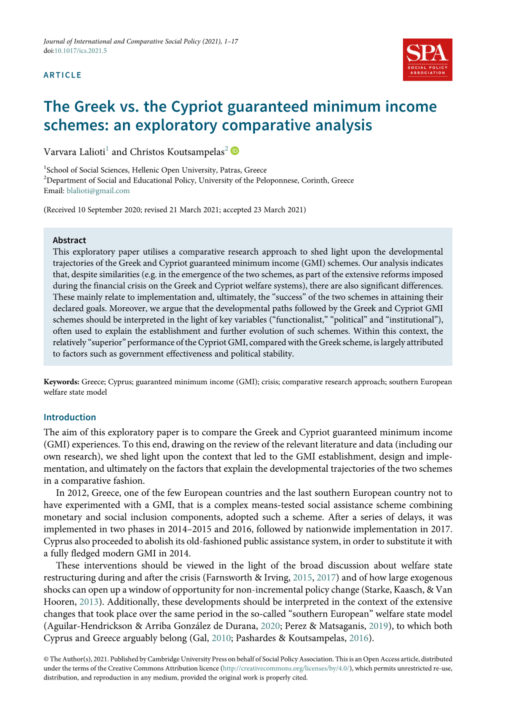 The Greek Vs. the Cypriot Guaranteed Minimum Income Schemes: an Exploratory Comparative Analysis