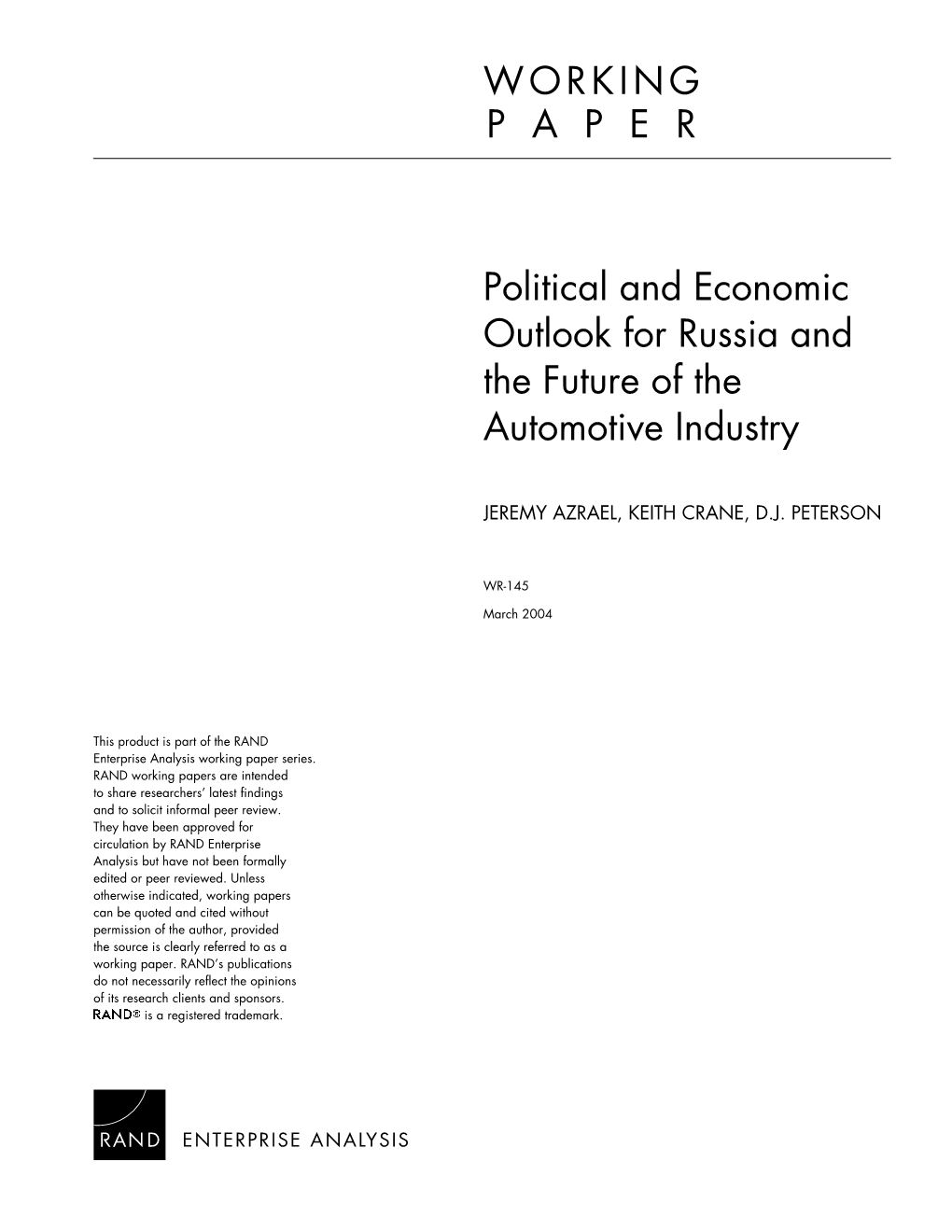 Political and Economic Outlook for Russia and the Future of the Automotive Industry
