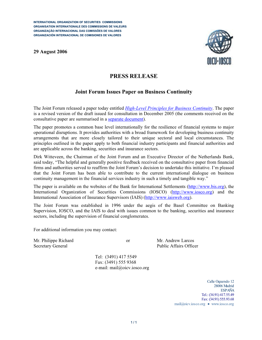 Joint Forum Issues Paper on Business Continuity