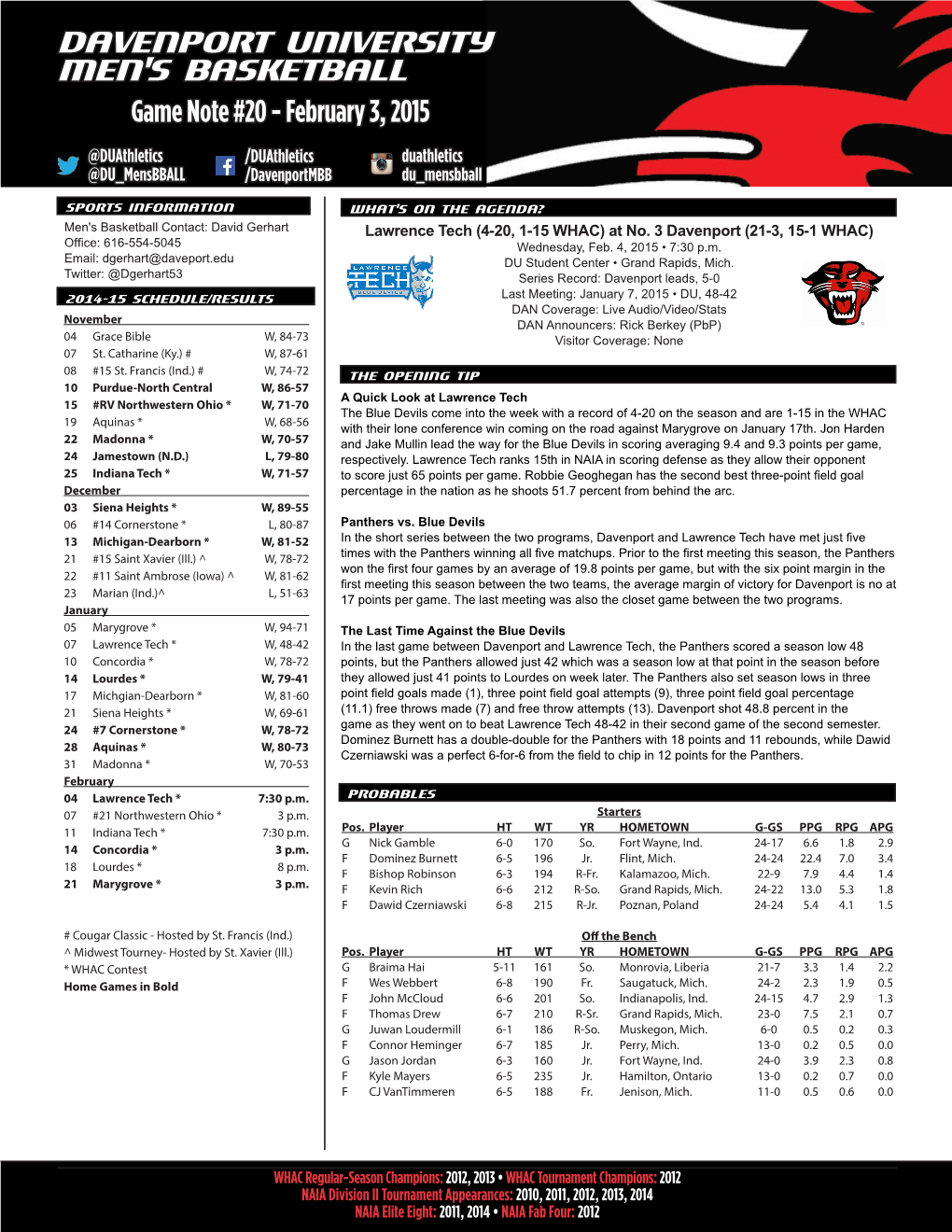 Davenport University Men's Basketball Game Note #20 - February 3, 2015