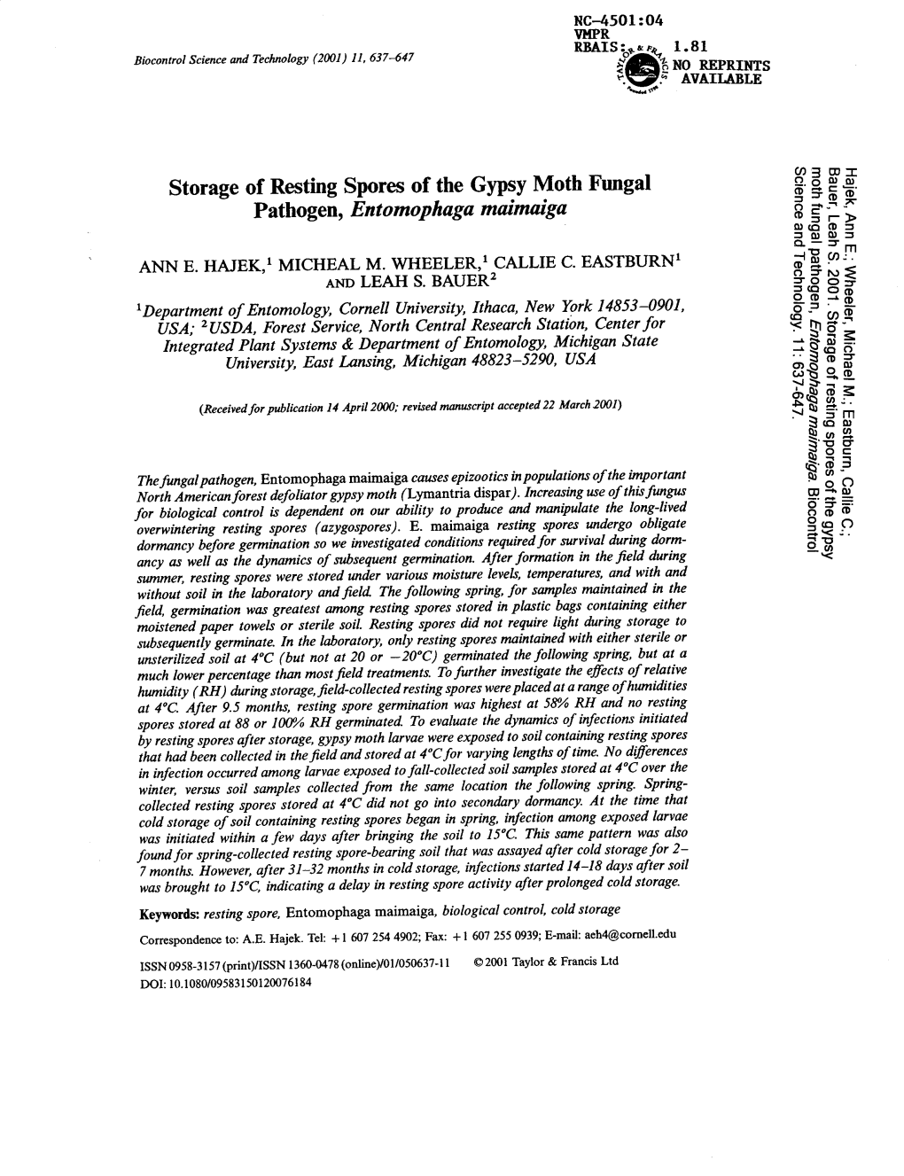 Storage of Resting Spores of the Gypsy Moth Fungal Pathogen, Entomophaga Maimaiga