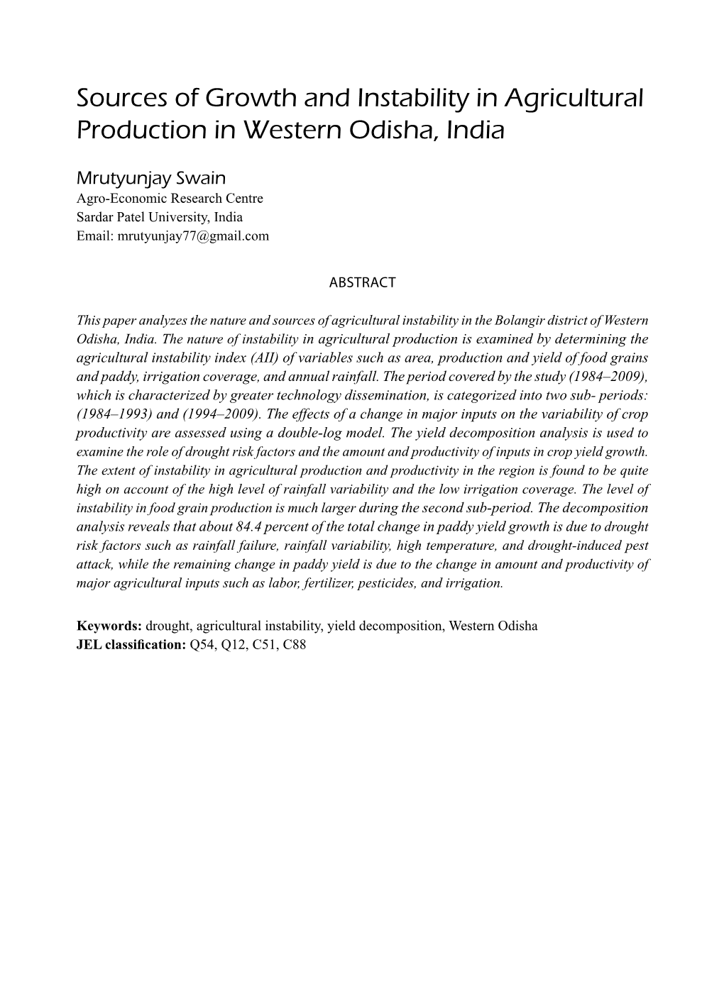 Sources of Growth and Instability in Agricultural Production in Western Odisha, India