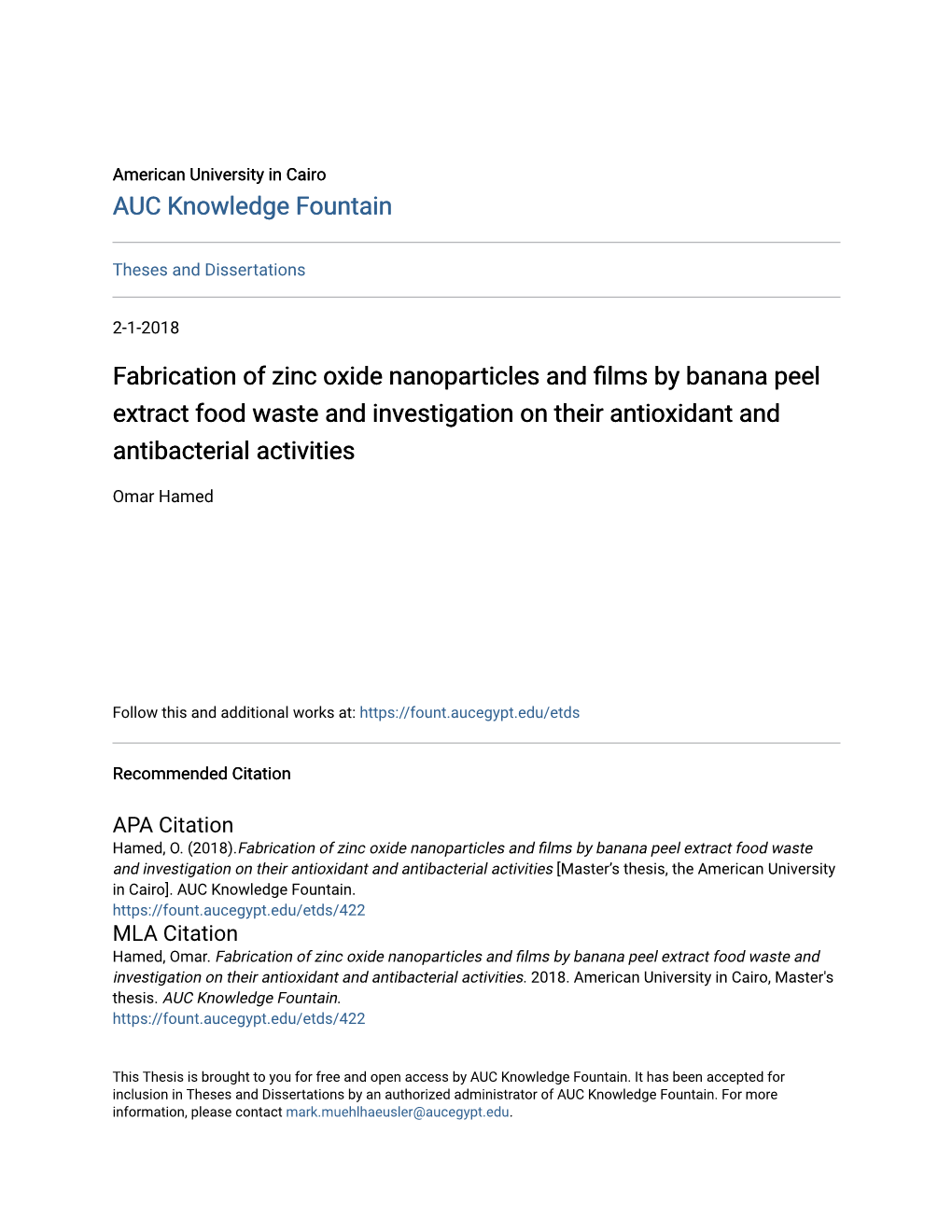 Fabrication of Zinc Oxide Nanoparticles and Films by Banana Peel Extract Food Waste and Investigation on Their Antioxidant and Antibacterial Activities