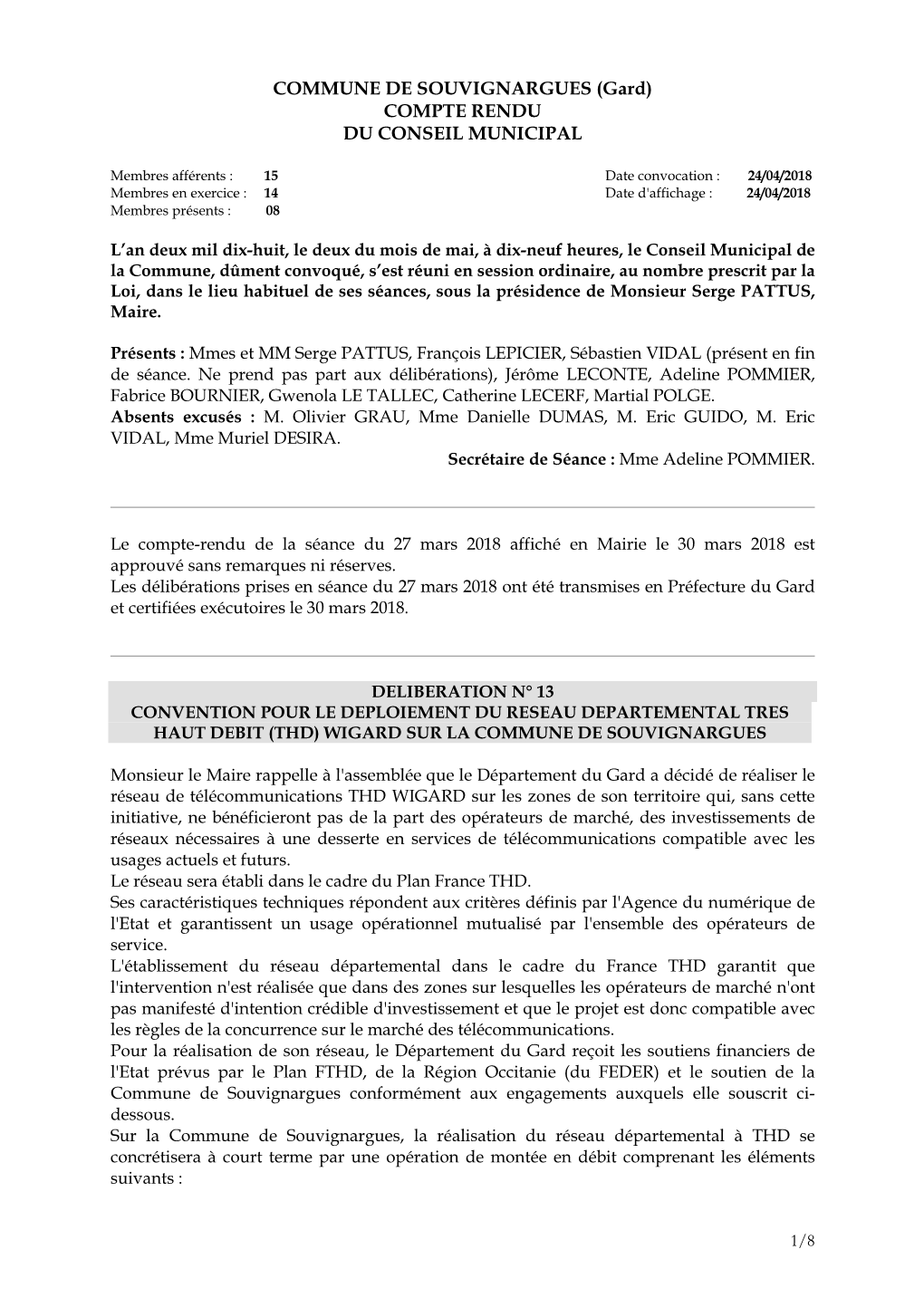 COMMUNE DE SOUVIGNARGUES (Gard) COMPTE RENDU DU CONSEIL MUNICIPAL