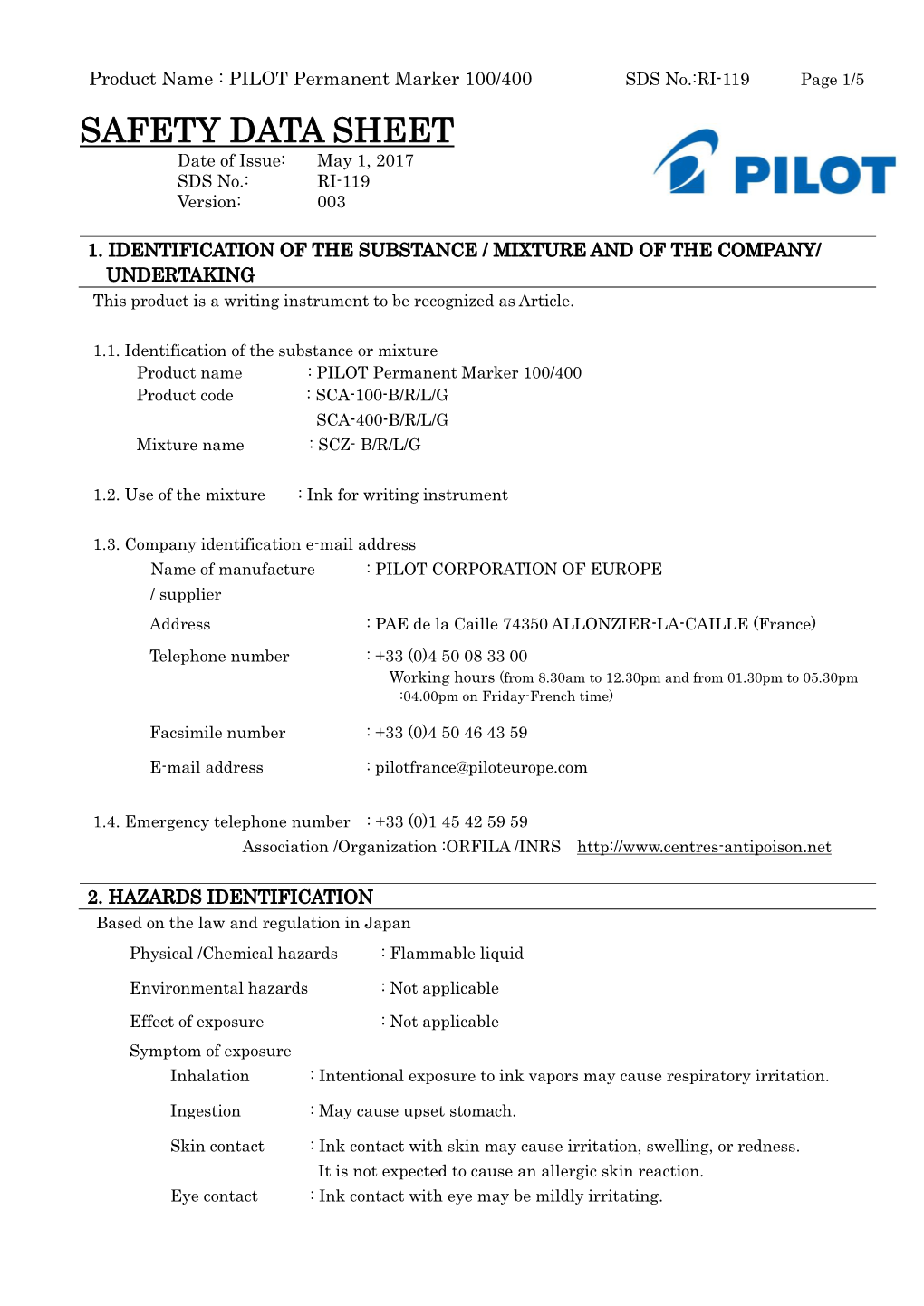 SAFETY DATA SHEET Date of Issue: May 1, 2017 SDS No.: RI-119 Version: 003