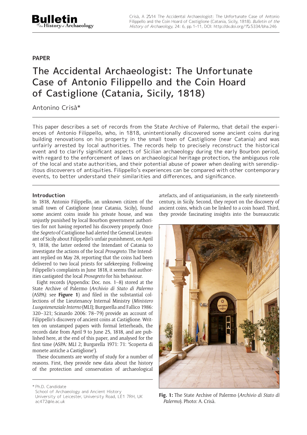 The Accidental Archaeologist: the Unfortunate Case of Antonio Filippello and the Coin Hoard of Castiglione (Catania, Sicily, 1818)