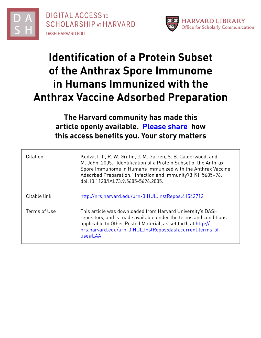 Identification of a Protein Subset of the Anthrax Spore Immunome in Humans Immunized with the Anthrax Vaccine Adsorbed Preparation