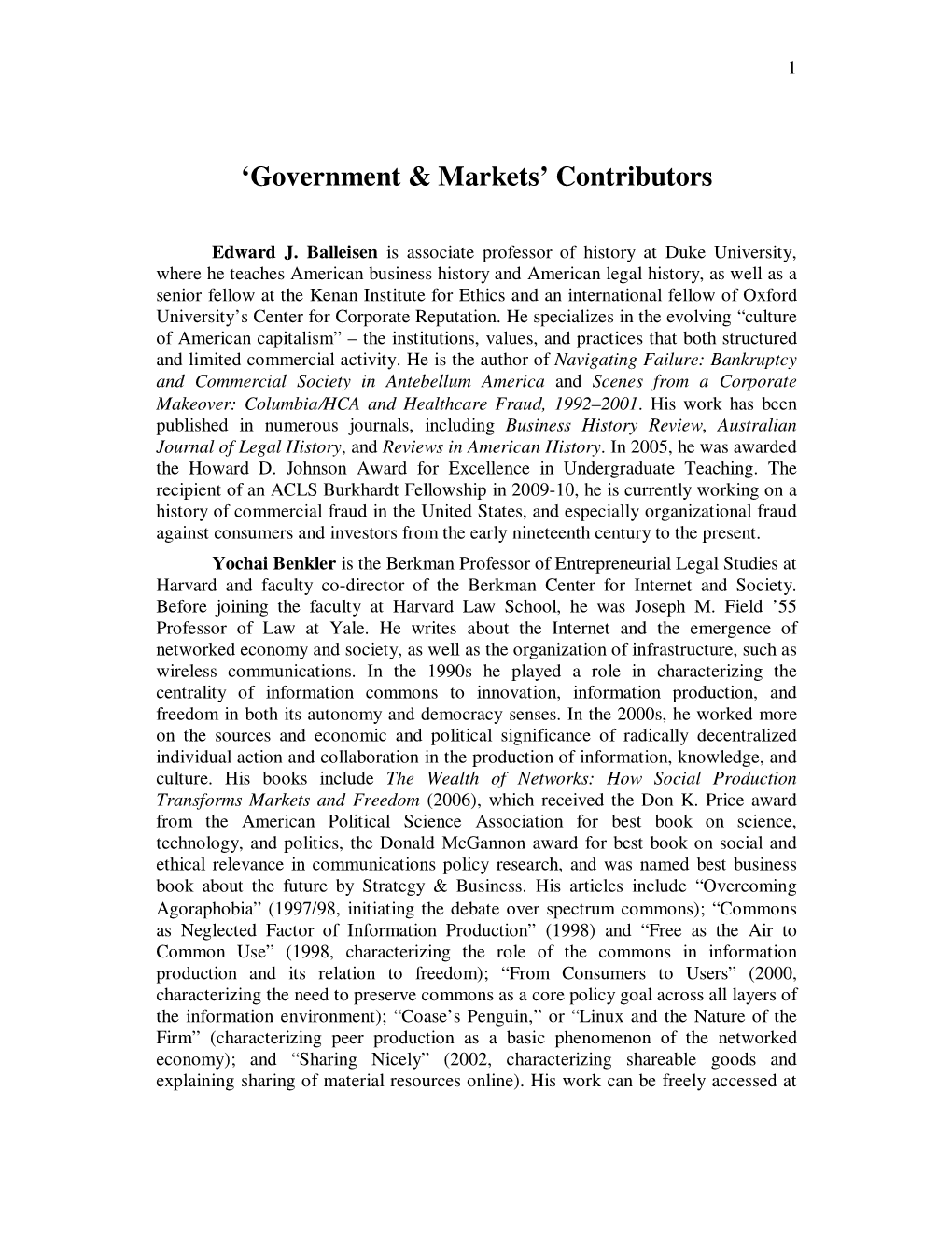 'Government & Markets' Contributors