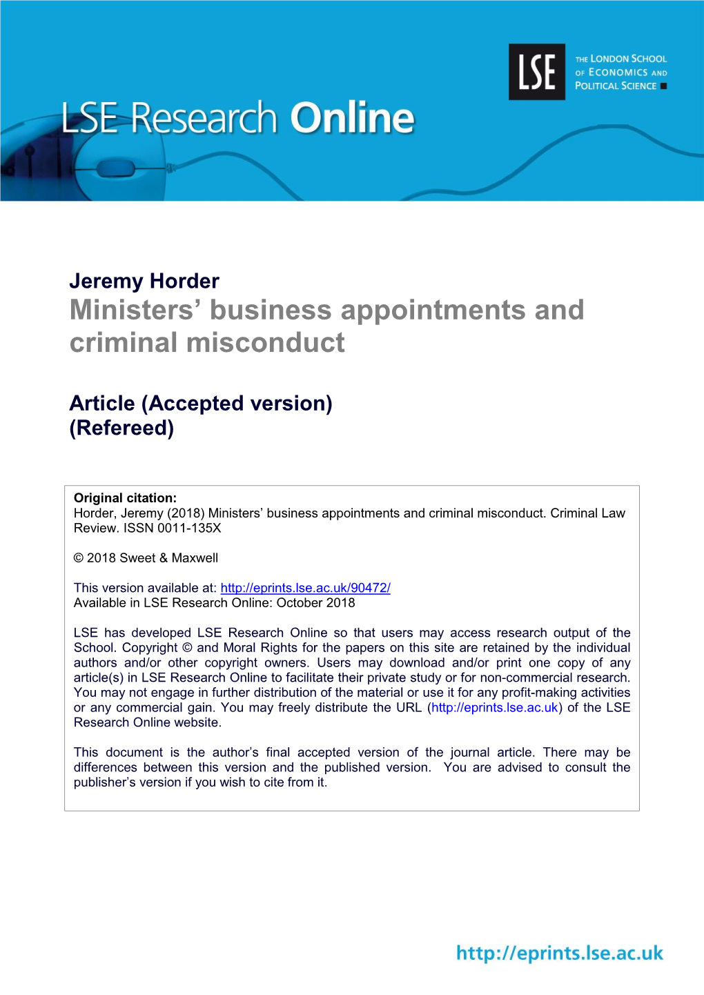 Ministers' Business Appointments and Criminal Misconduct