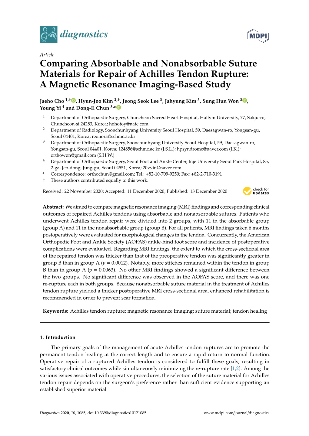 Comparing Absorbable and Nonabsorbable Suture Materials for Repair of Achilles Tendon Rupture: a Magnetic Resonance Imaging-Based Study