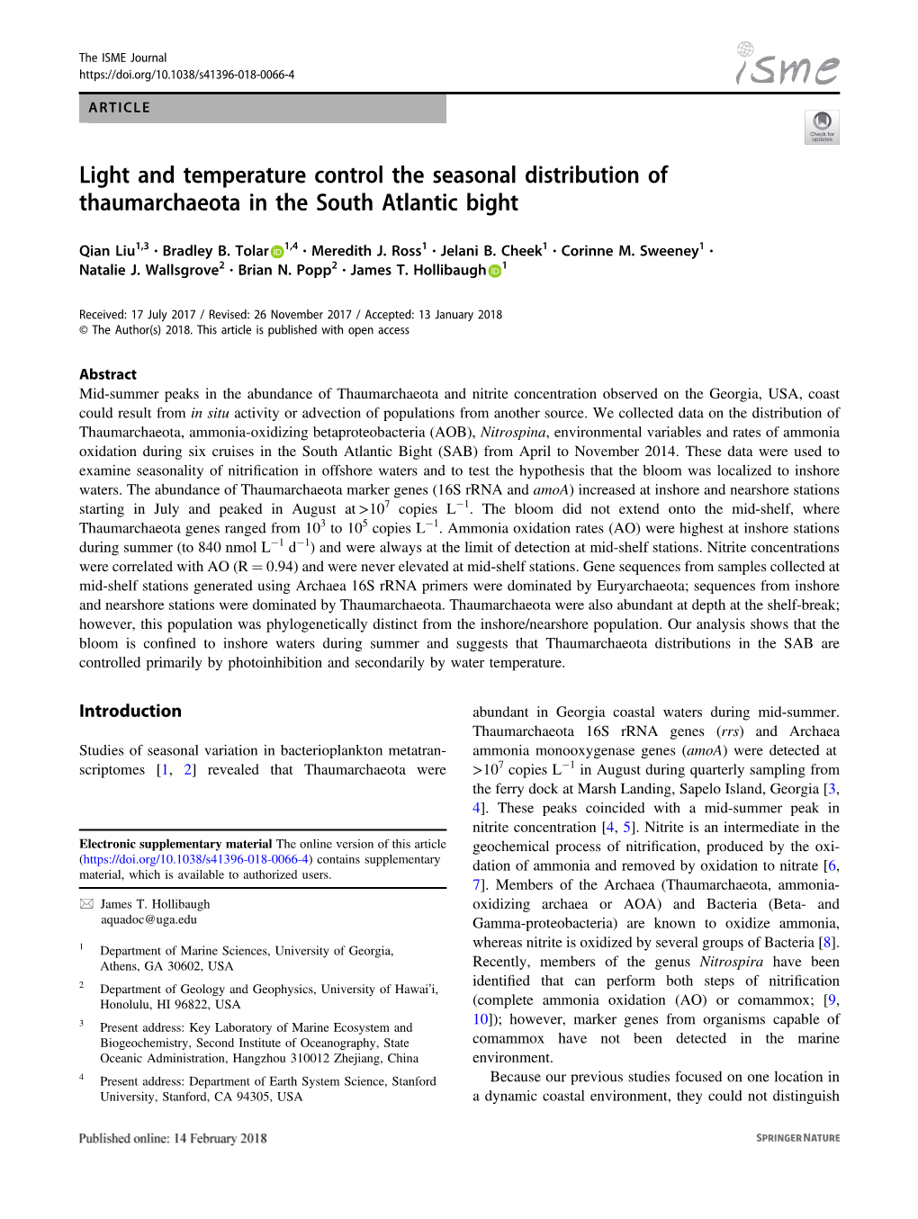 Light and Temperature Control the Seasonal Distribution of Thaumarchaeota in the South Atlantic Bight