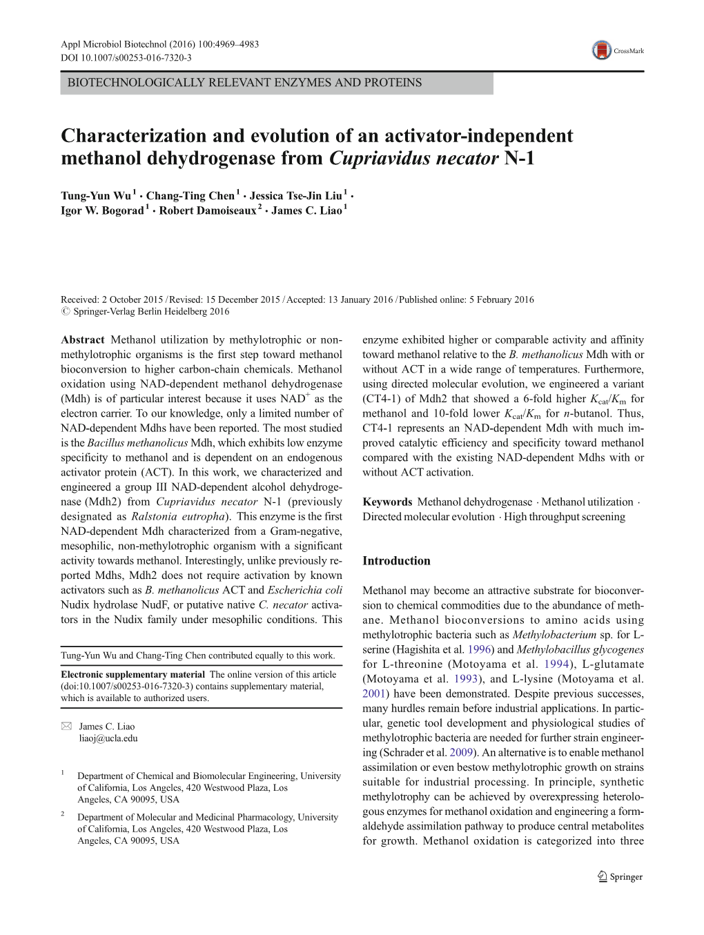 Characterization and Evolution of an Activator-Independent Methanol Dehydrogenase from Cupriavidus Necator N-1