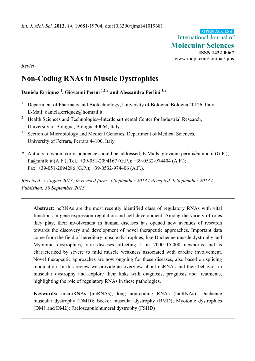 Non-Coding Rnas in Muscle Dystrophies