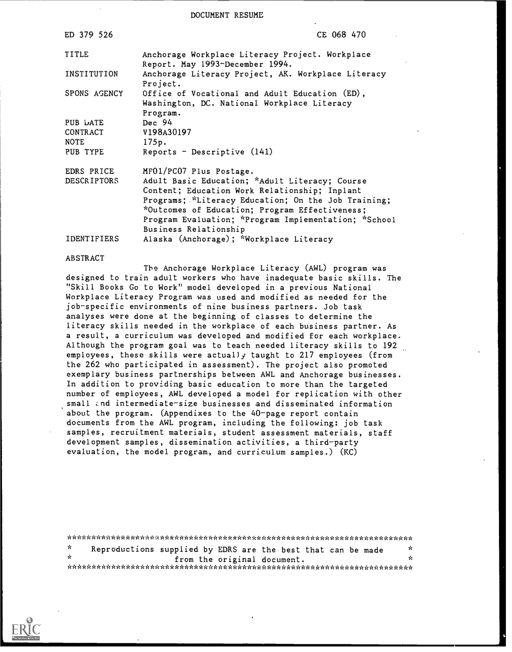 DOCUMENT RESUME ED 379 526 CE 068 470 TITLE Anchorage