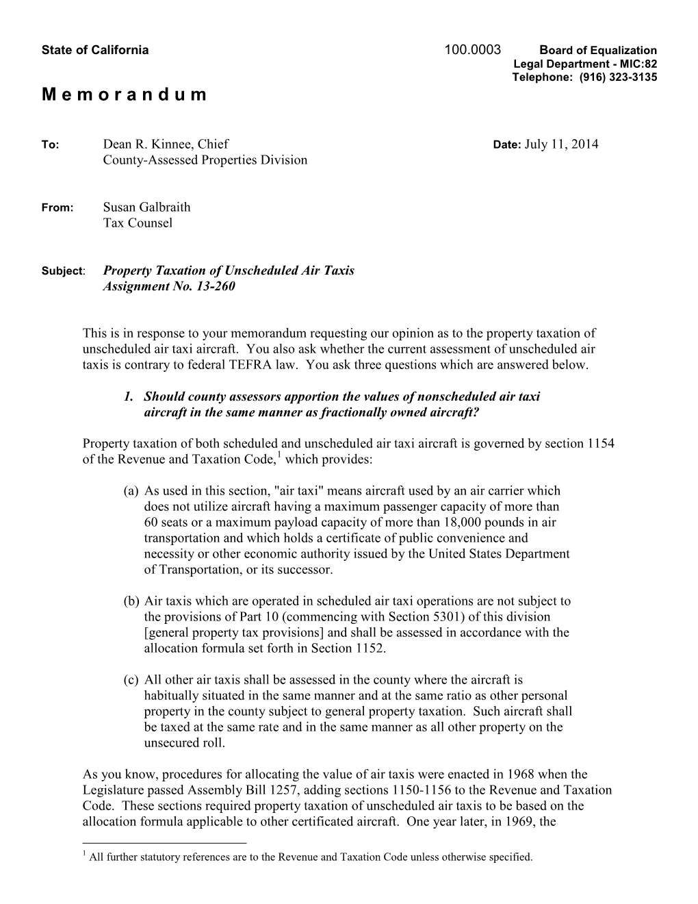 Property Taxation of Unscheduled Air Taxis Assignment No. 13-260