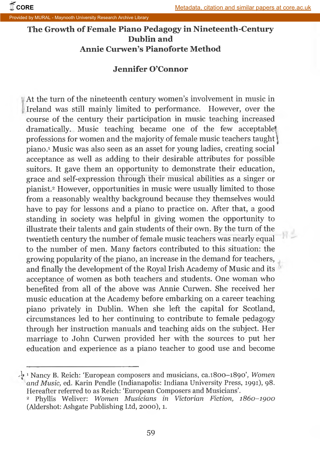 The Growth of Female Piano Pedagogy in Nineteenth-Century Dublin and Annie Curwen’S Pianoforte Method