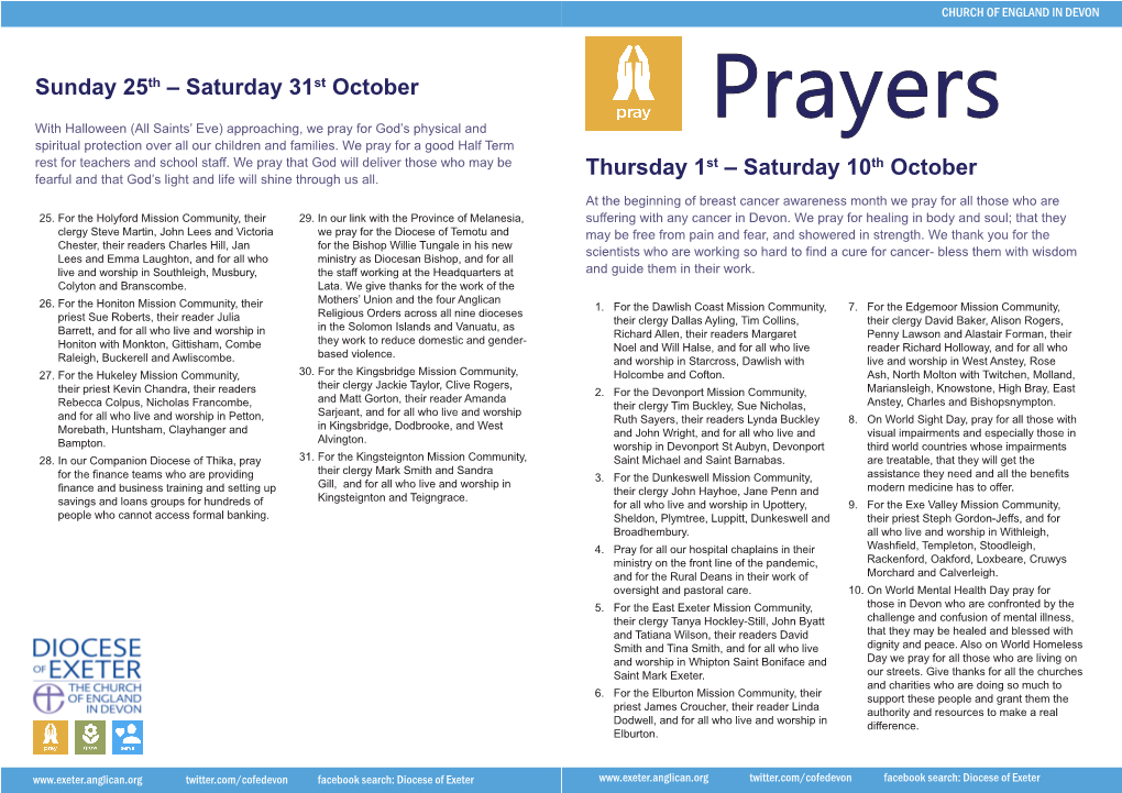 Sunday 25Th – Saturday 31St October Thursday