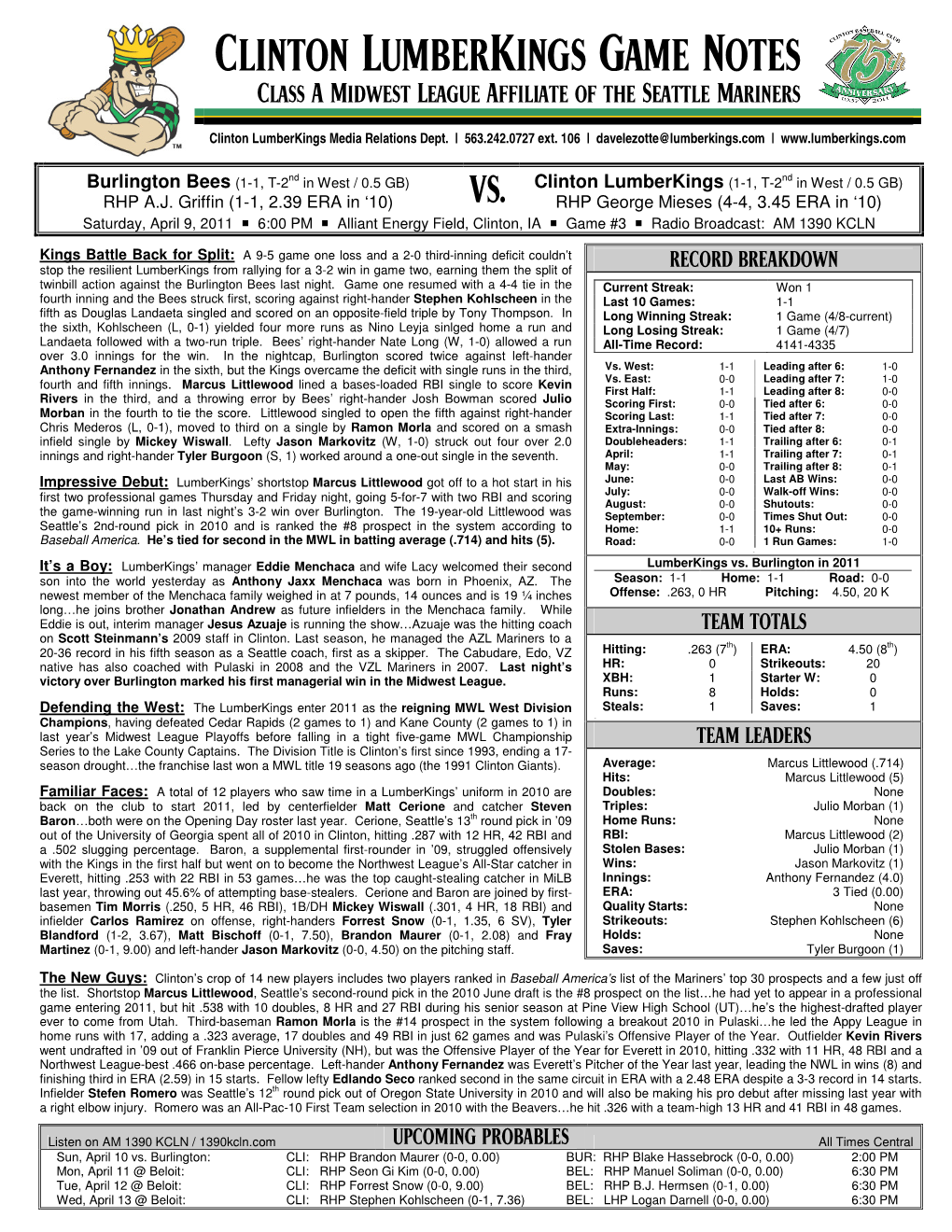 Clinton Lumberkings Game Notes Class a Midwest League Affiliate of the Seattle Mariners