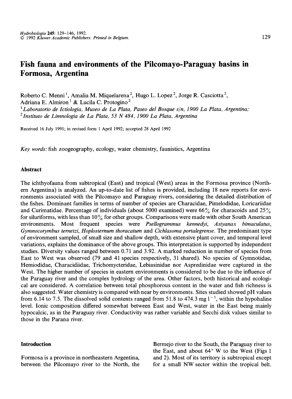 Fish Fauna and Environments of the Pilcomayo-Paraguay Basins in Formosa, Argentina