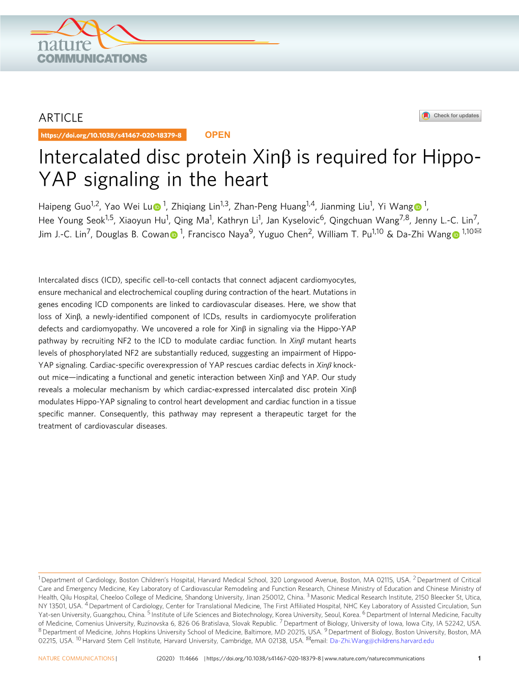 Intercalated Disc Protein Xinî² Is Required for Hippo-YAP Signaling In
